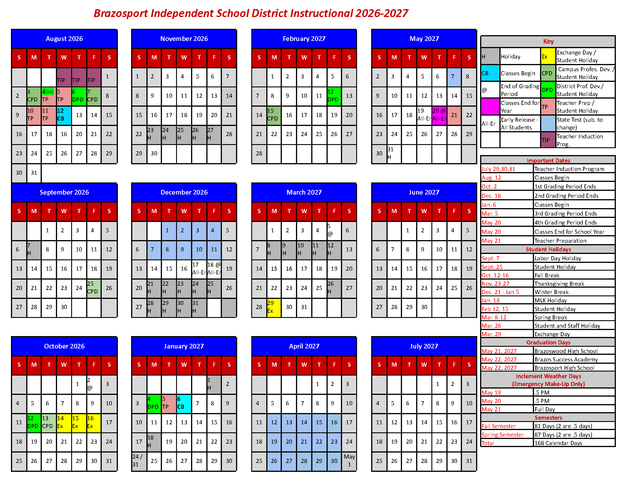 2026–2027 Calendar - Brazosport Independent School District with regard to K12 Calendar 2026 - 2027