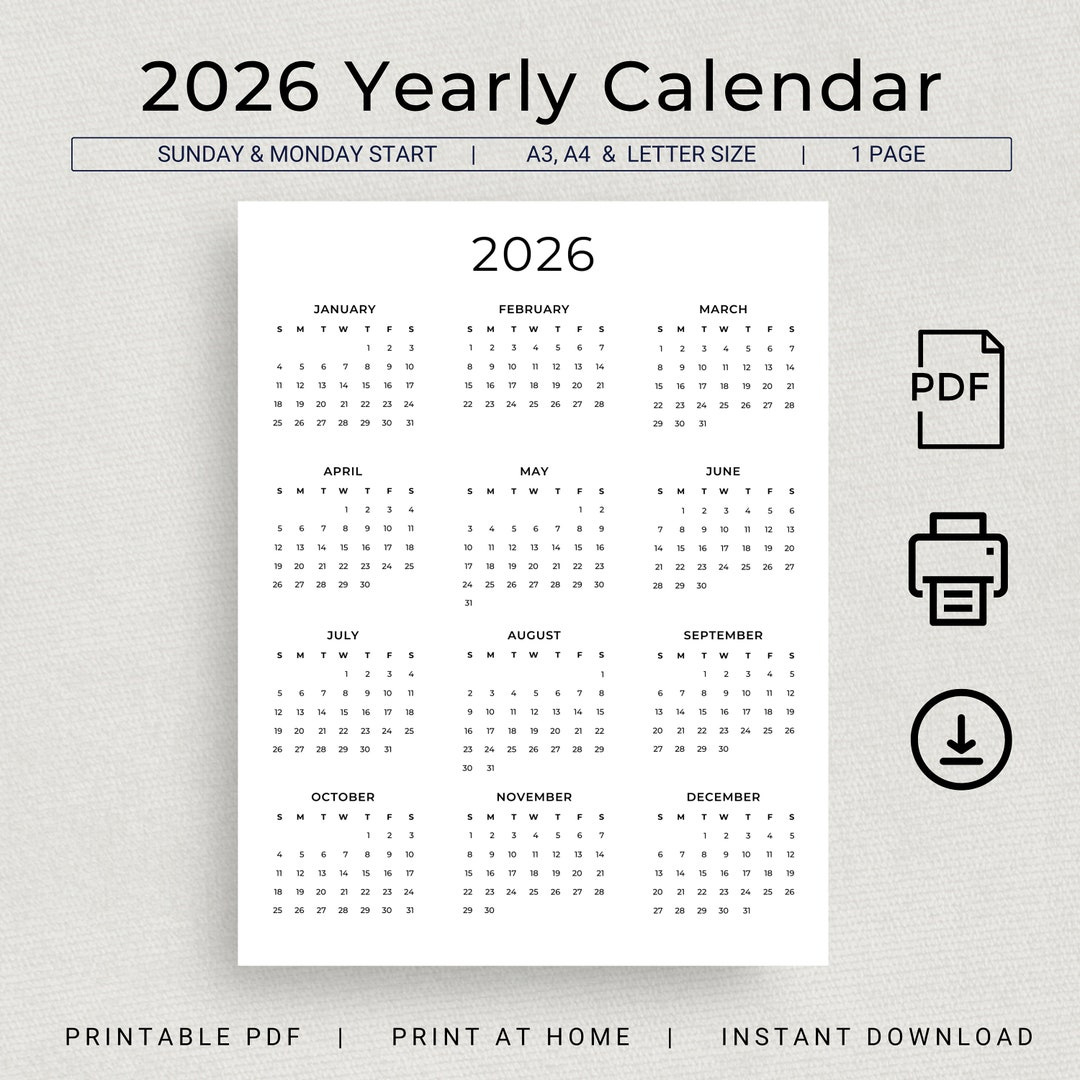 2026 Calendar 2026 Yearly Calendar Printable 2026 Wall Calendar pertaining to At A Glance Yearly Calendar 2026