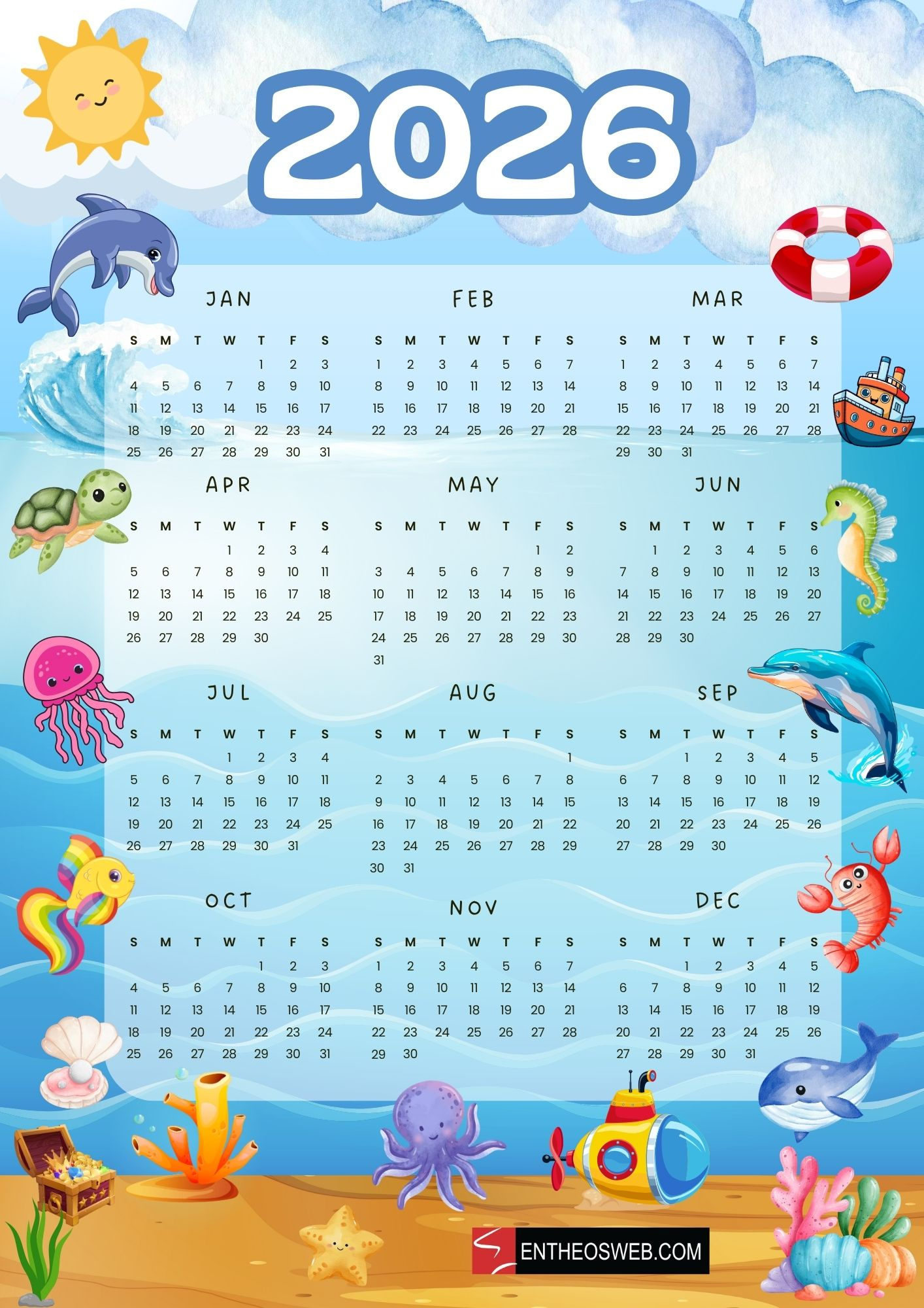 2026 Calendar For Kids – Cute Single Page Full Year Pdf Printable pertaining to 2026 Calendar Printable For Kids