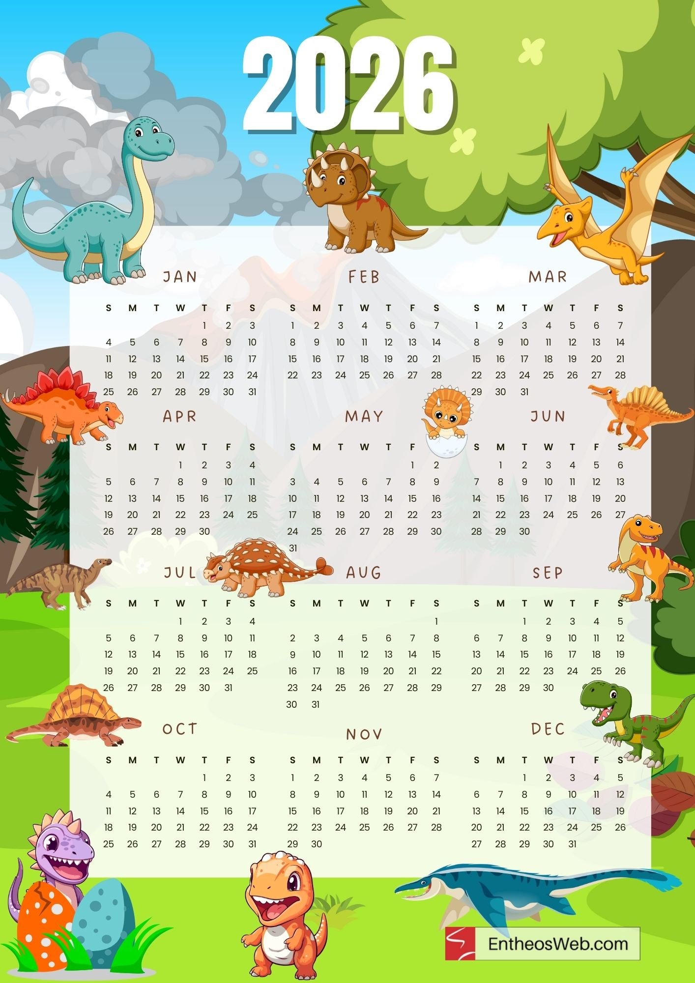 2026 Calendar For Kids – Cute Single Page Full Year Pdf Printable with Printable Calendar 2026 For Kids