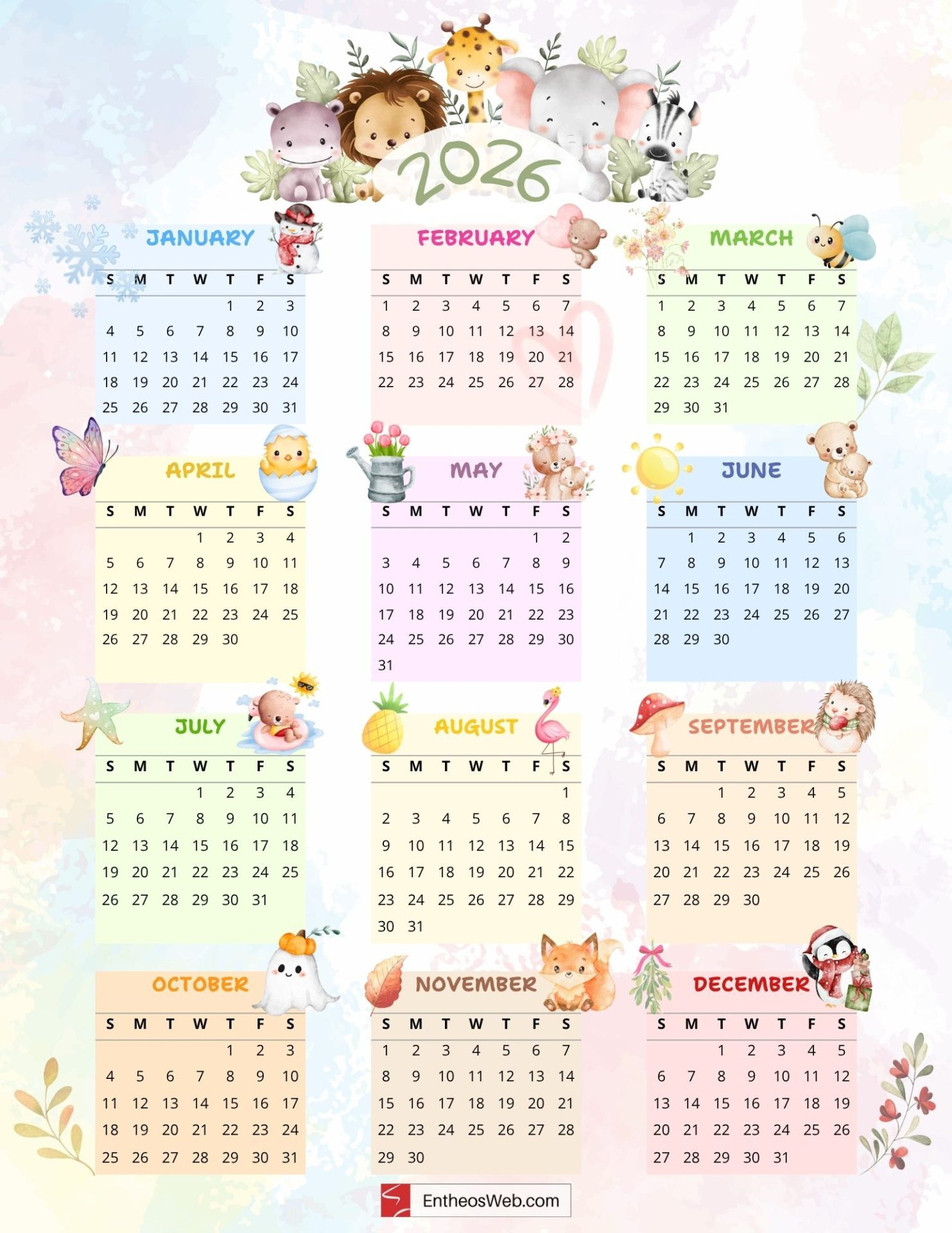 2026 Calendar For Kids – Cute Single Page Full Year Pdf Printable within 2026 Calendar Printable For Kids