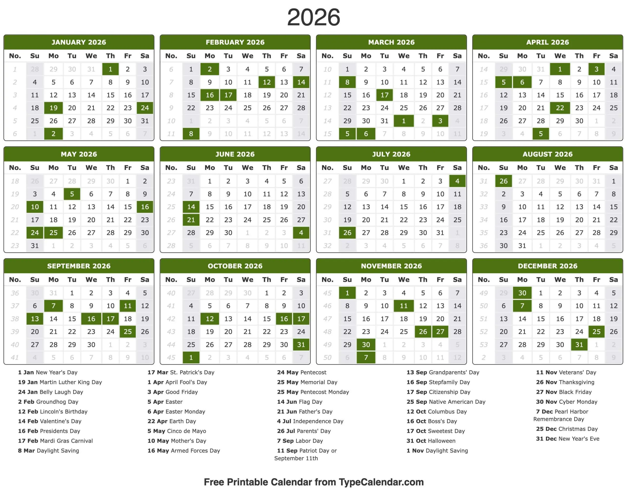 2026 Calendar - Free Printable Calendar With Holidays with 2026 Calendar Printable Qld