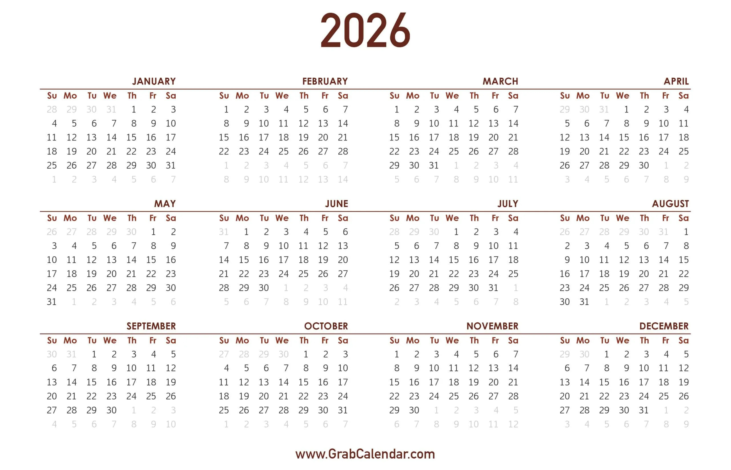 2026 Calendar - Grab Calendar with I Need a 2026 Calendar