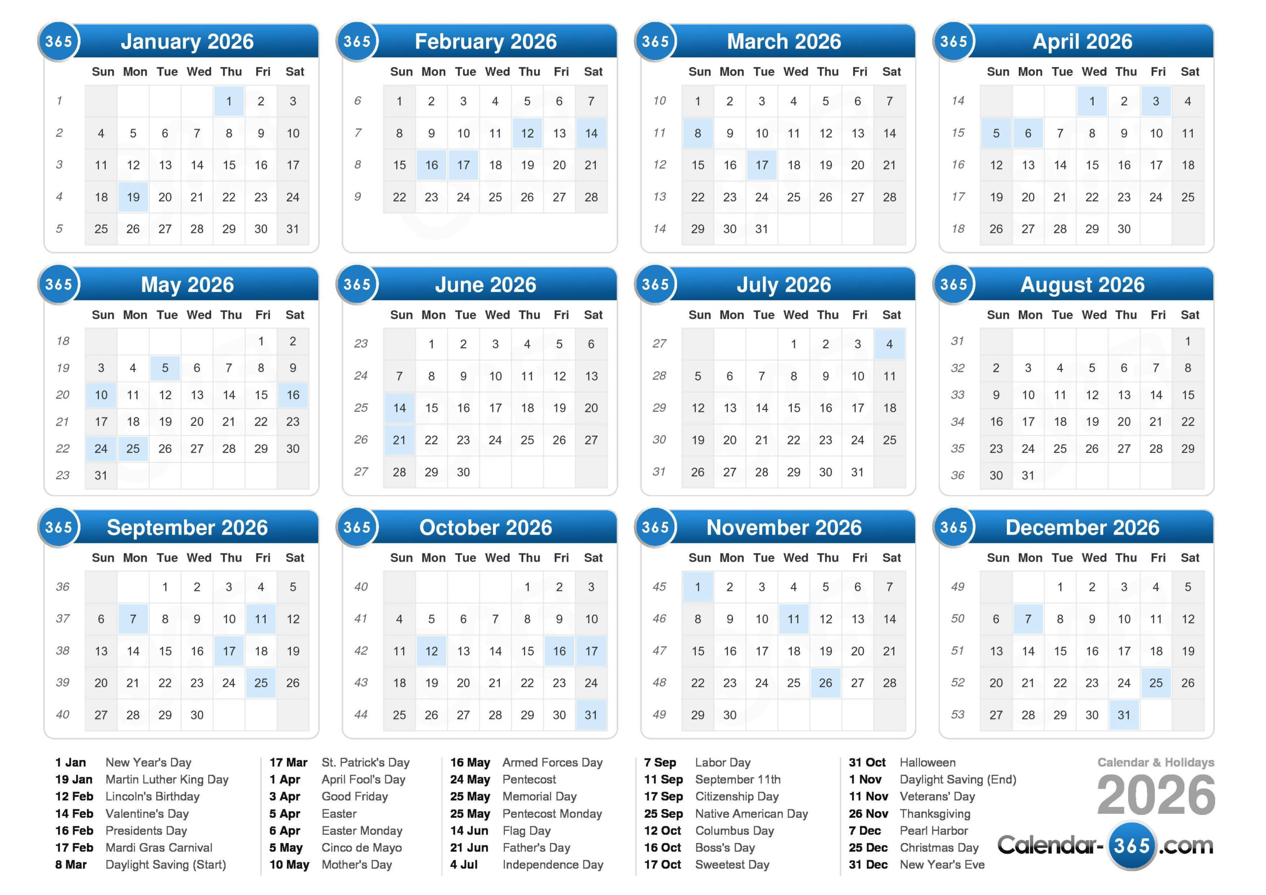 2026 Calendar in 2026 Calendar Printable 365
