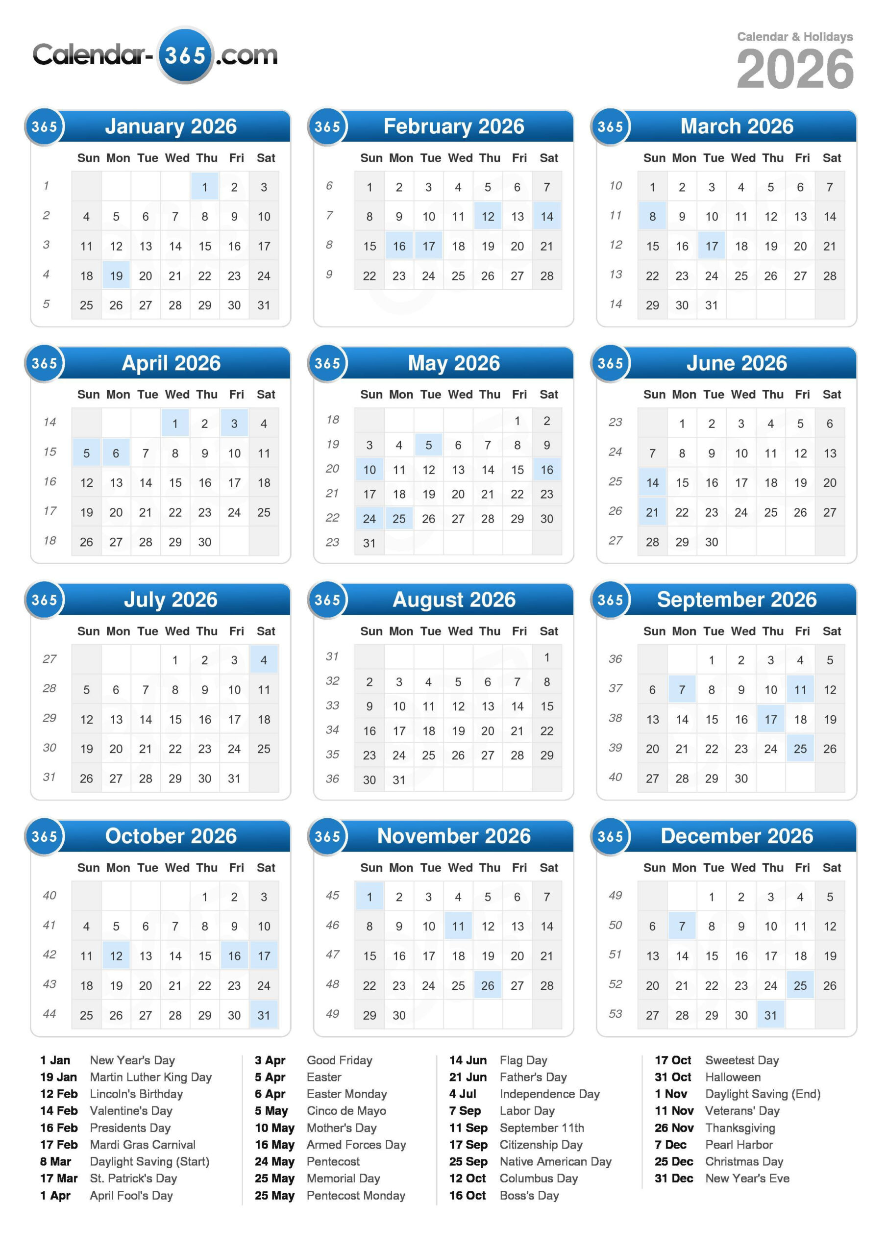 2026 Calendar intended for Calendar For Year 2026 (United States)