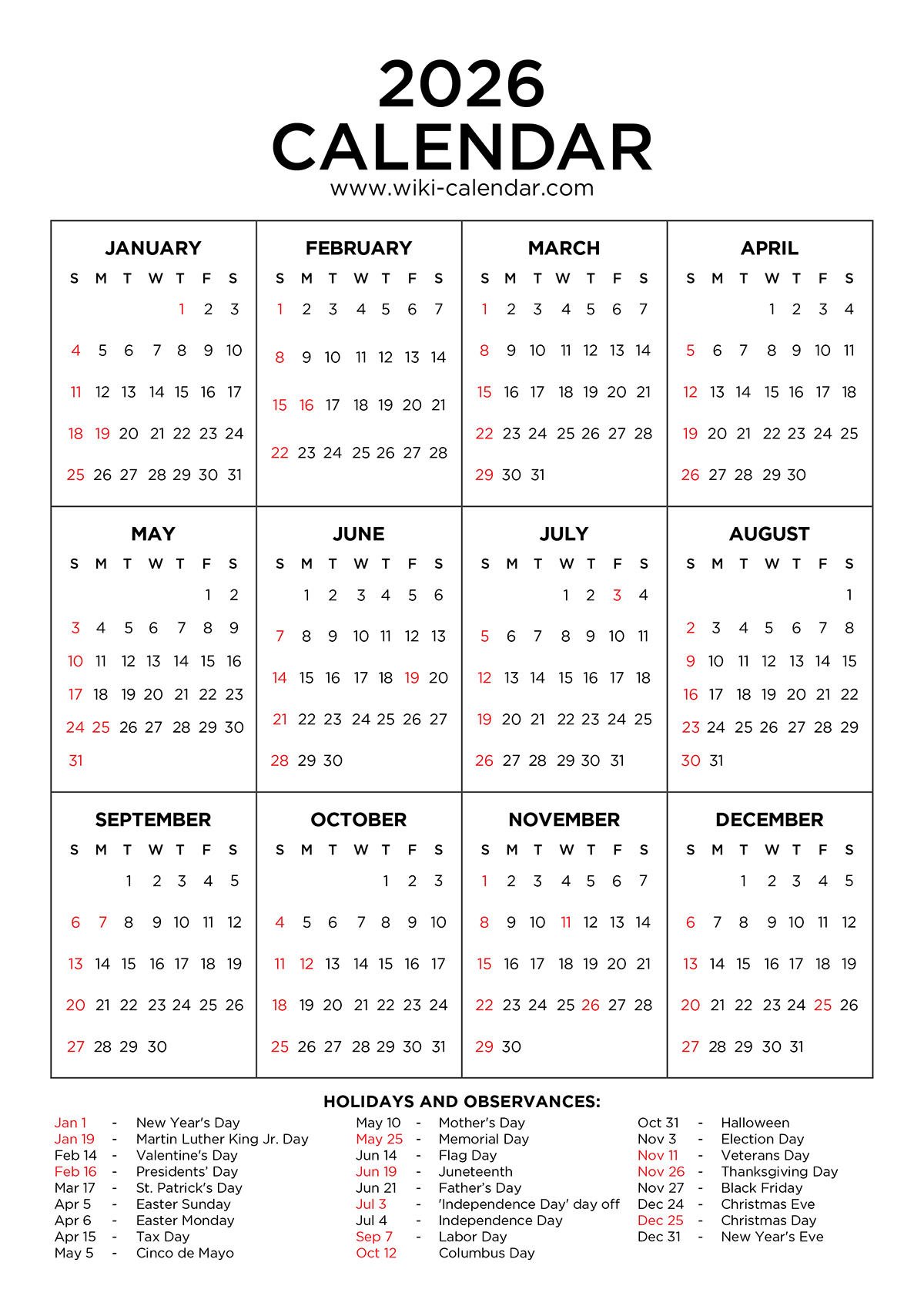 2026 Calendar Printable - Free Pdf With Holidays within Absence Calendar 2026 Free Download