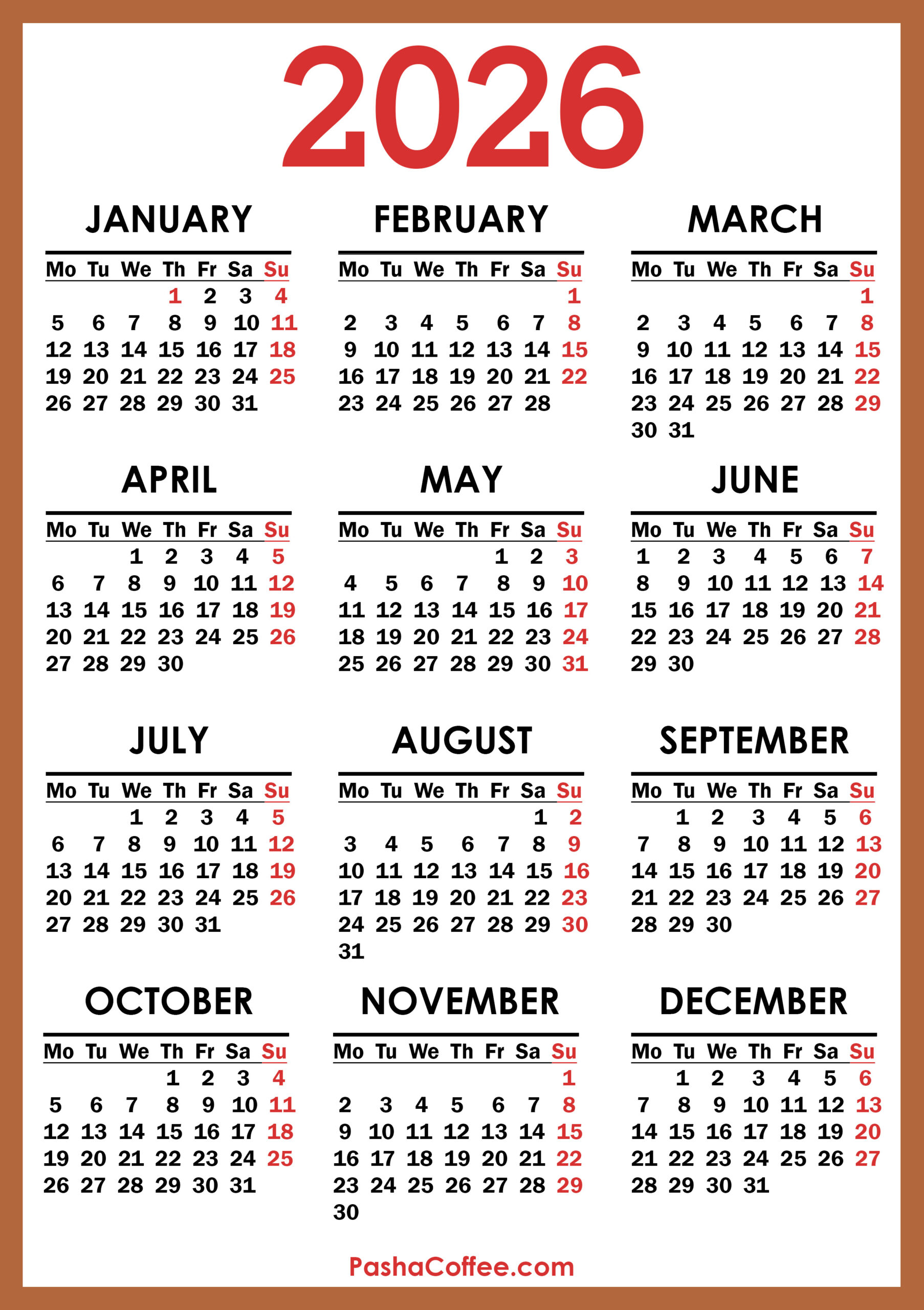 2026 Calendar, Printable Free, Vertical, Monday Start with 2026 Calendar Printable Starting Monday