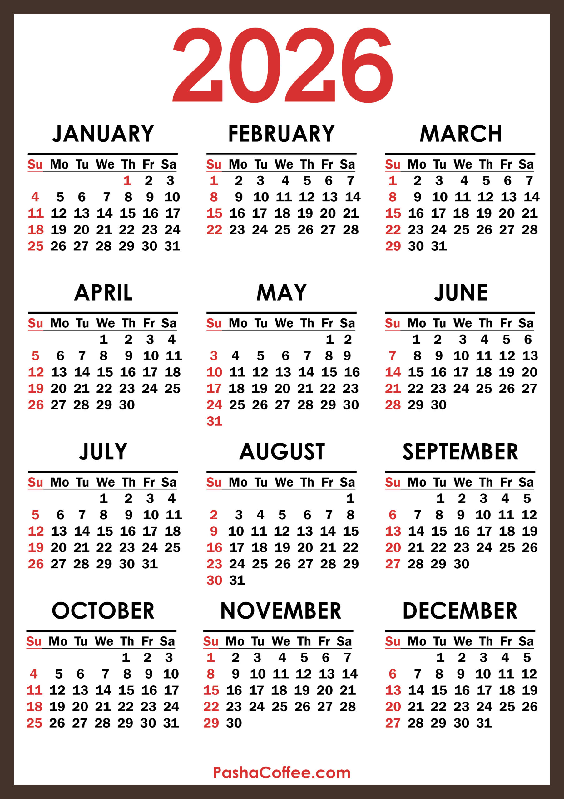 2026 Calendar, Printable Free, Vertical, Sunday Start with regard to Free Download 2026 Calendar Printable