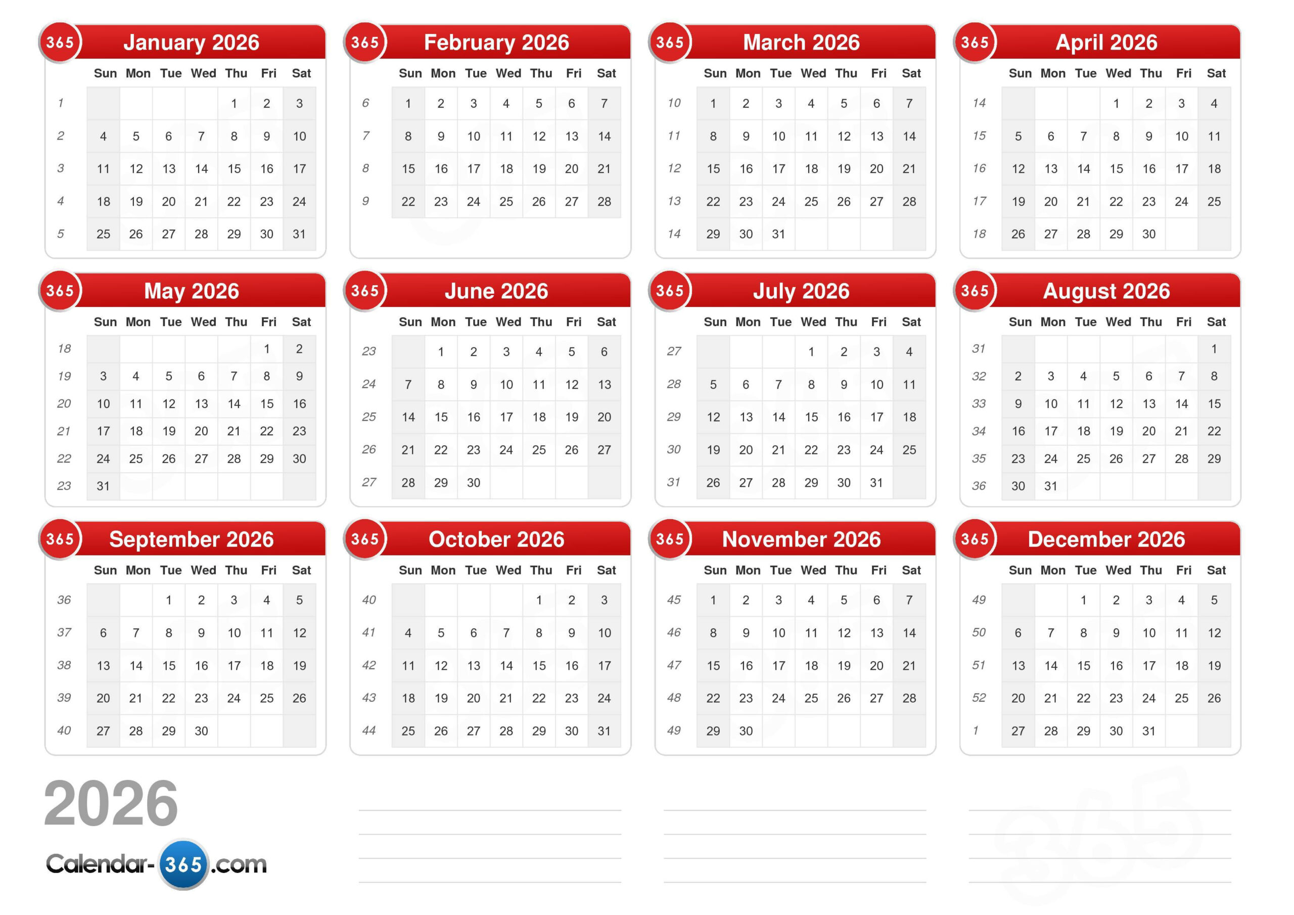 2026 Calendar throughout Number of Weekends in 2026