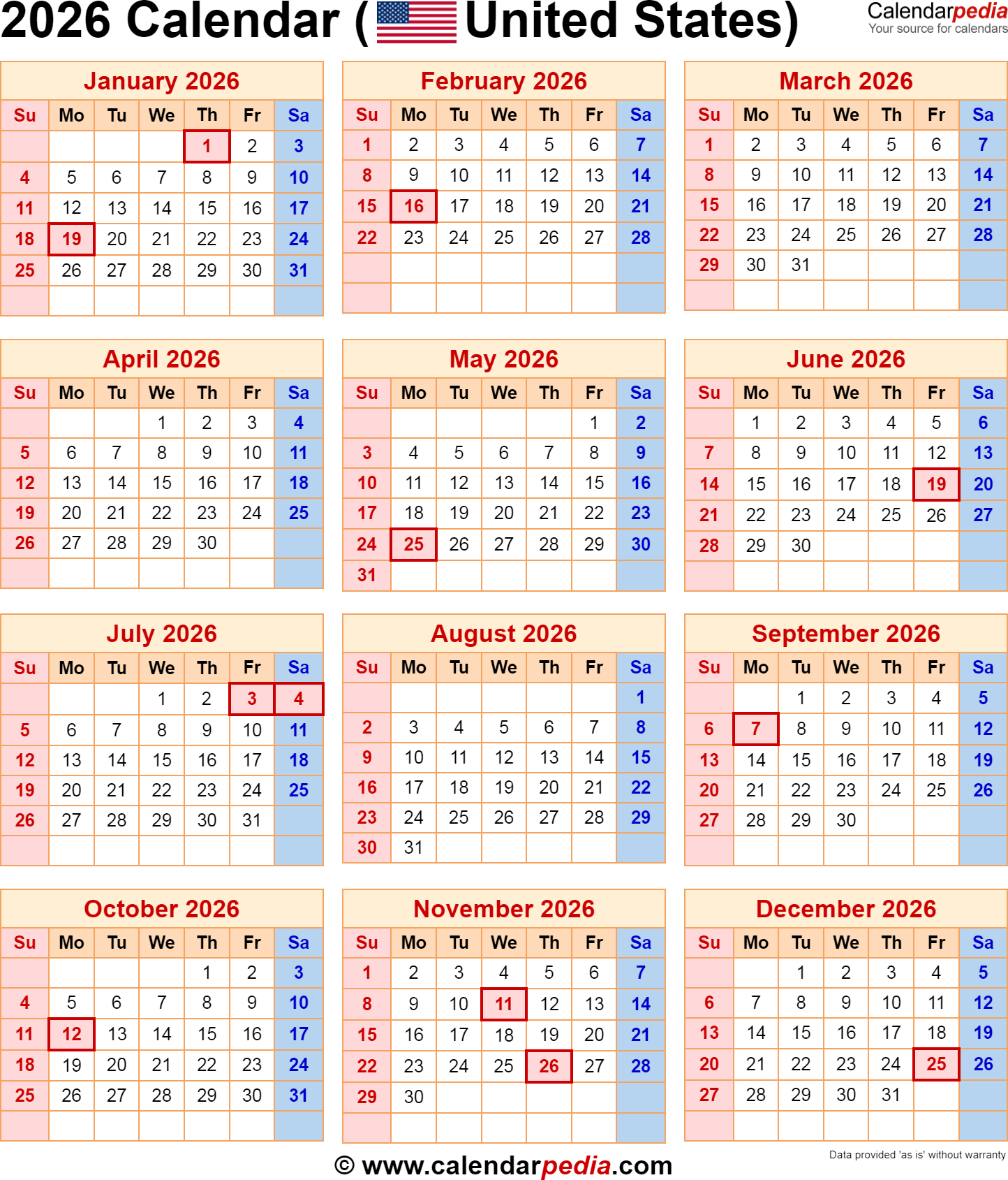 2026 Calendar With Federal Holidays throughout Presidents Day 2026 Calendar Printable