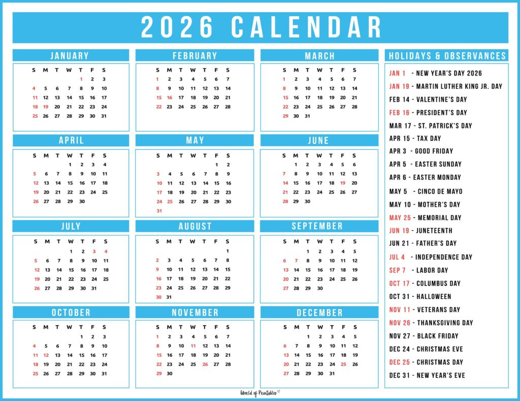 2026 Calendar With Holidays (Free Printable Pdfs) - World Of intended for Holiday Calendar 2026 Printable