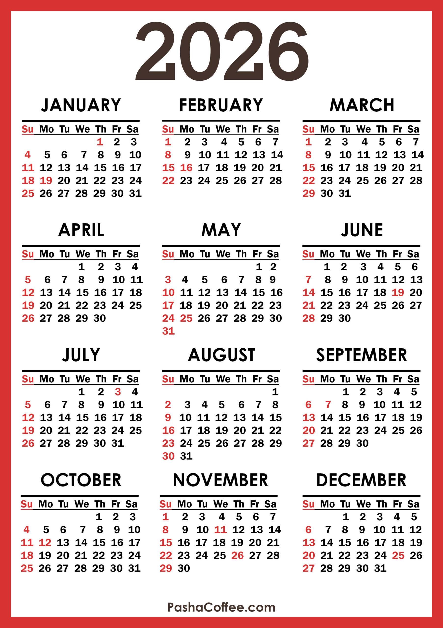 2026 Calendar With Holidays, Printable Free, Vertical, Red inside 2026 Calendar with Holidays Printable