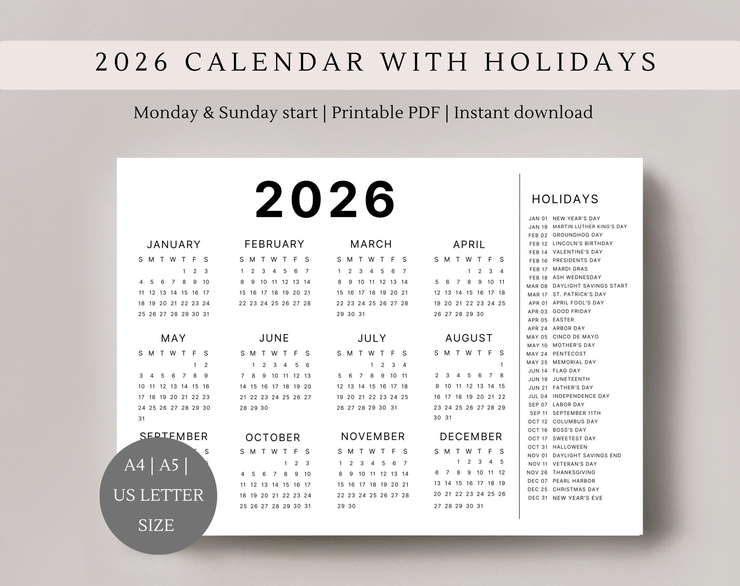 2026 Calendar With Holidays | Single Page | Full Year Calendar with regard to Printable 8x10 2026 Calendar
