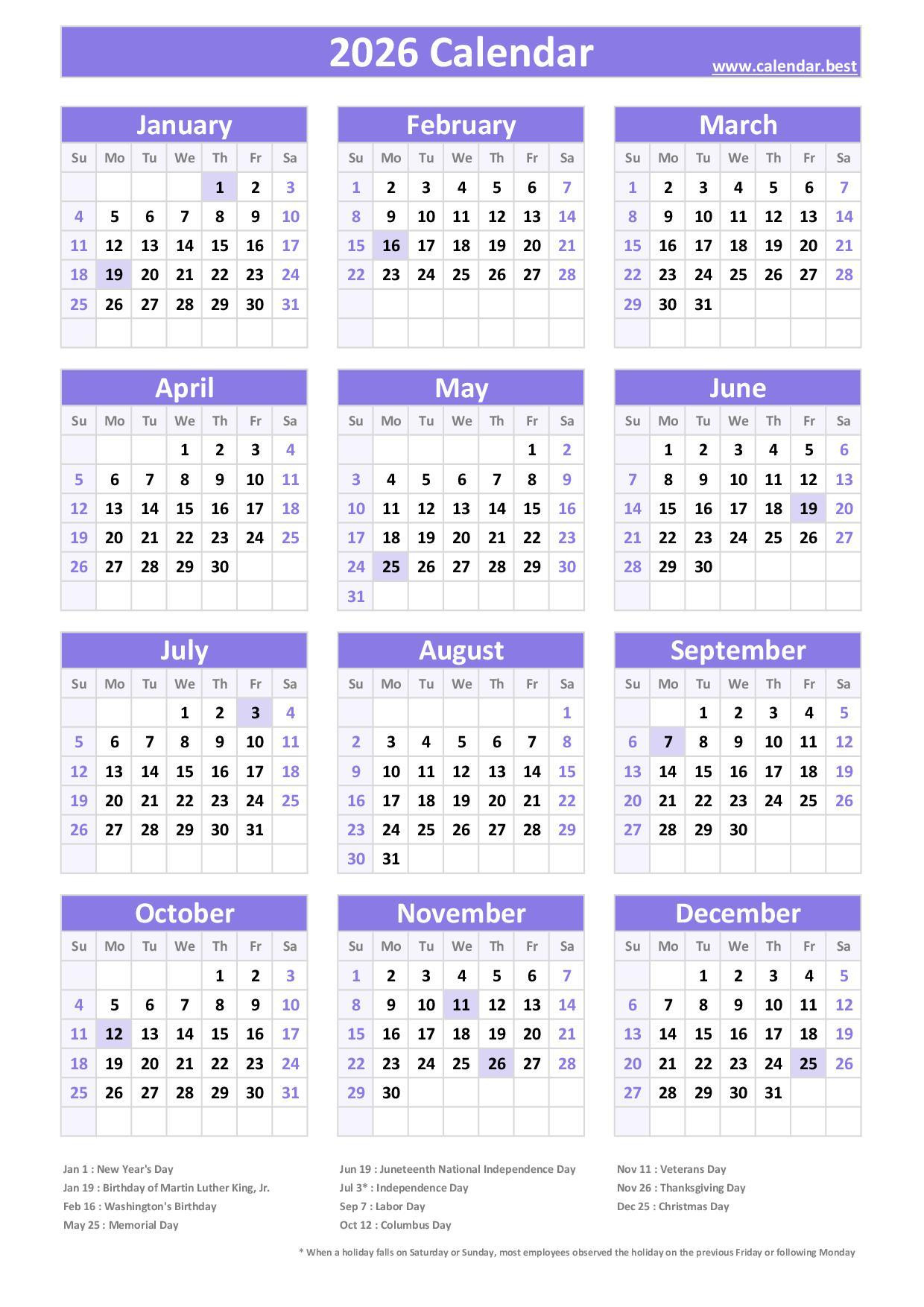 2026 Calendar With Holidays (Us Federal Holidays) with General Blue 2026 Calendar Printable