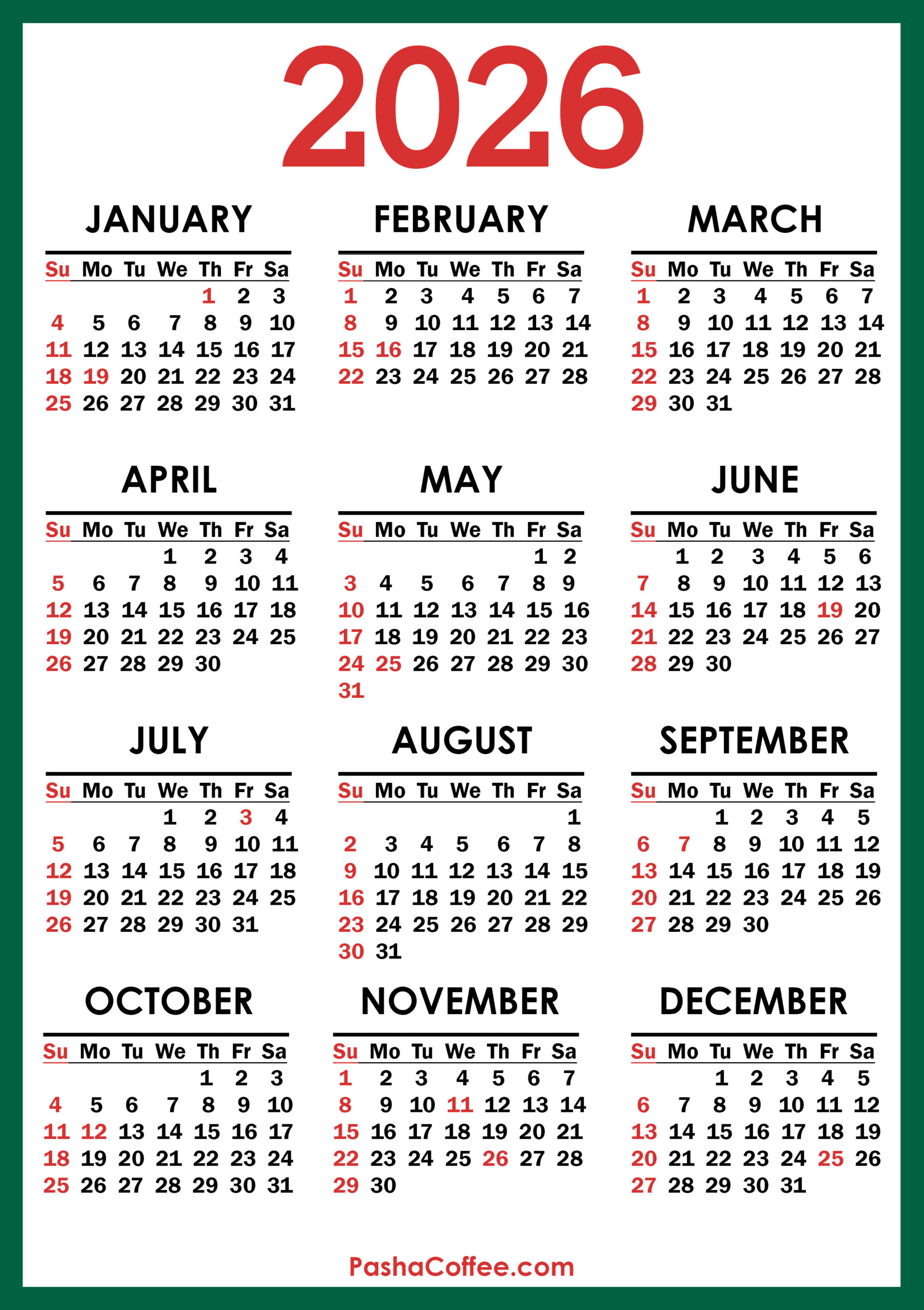2026 Calendar With Us Holidays, Printable Free, Vertical regarding Free Printable 2026 Calendar With Holidays Us