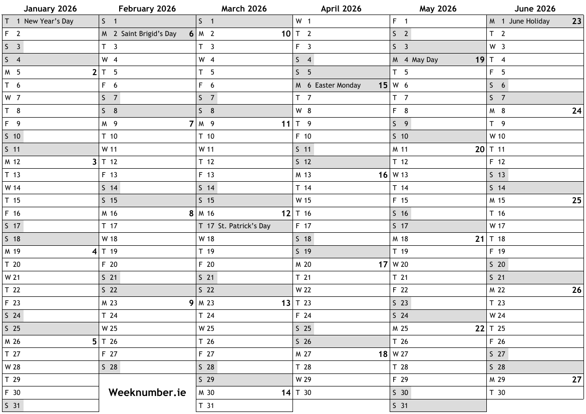 2026 Calendar With Week Numbers And Holidays For Ireland with regard to Calendar 2026 Printable Ireland