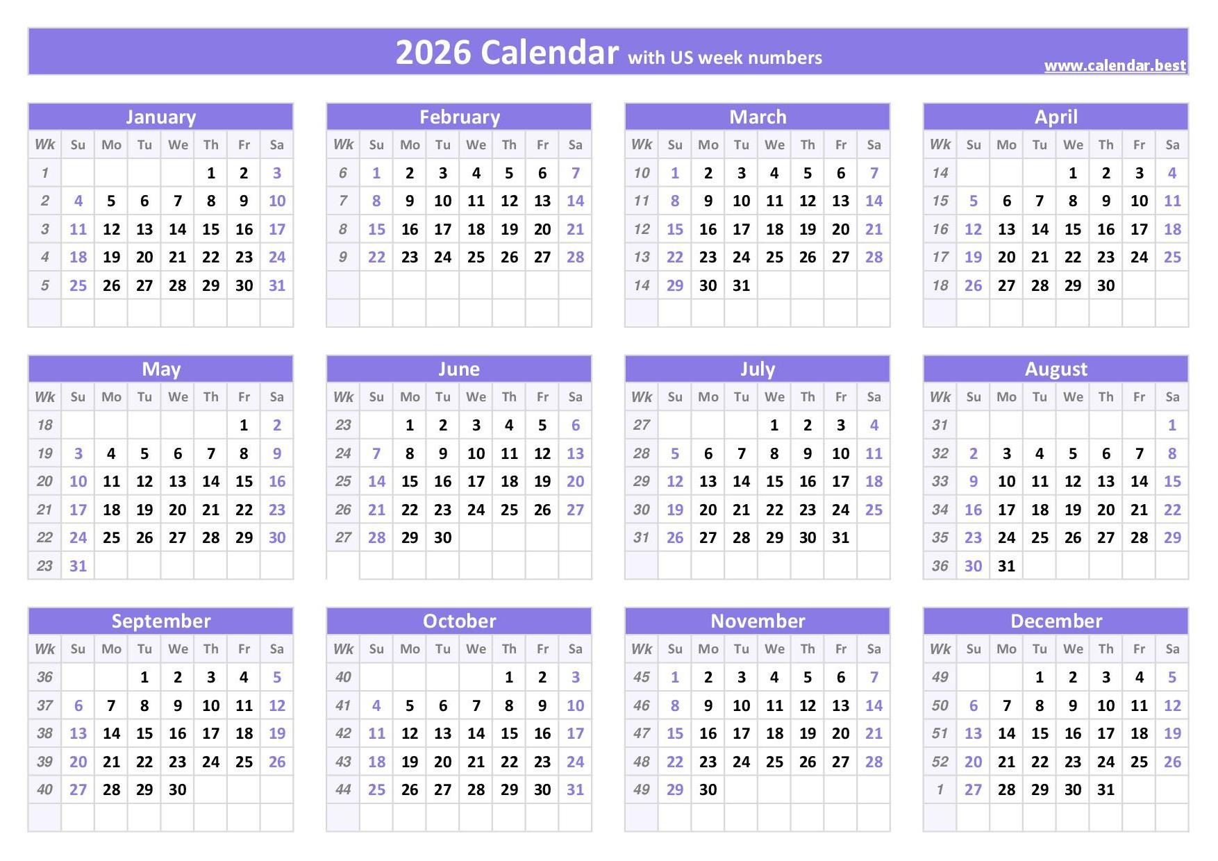 2026 Calendar With Week Numbers (Us And Iso Week Numbers) regarding What Calendars Work In 2026?