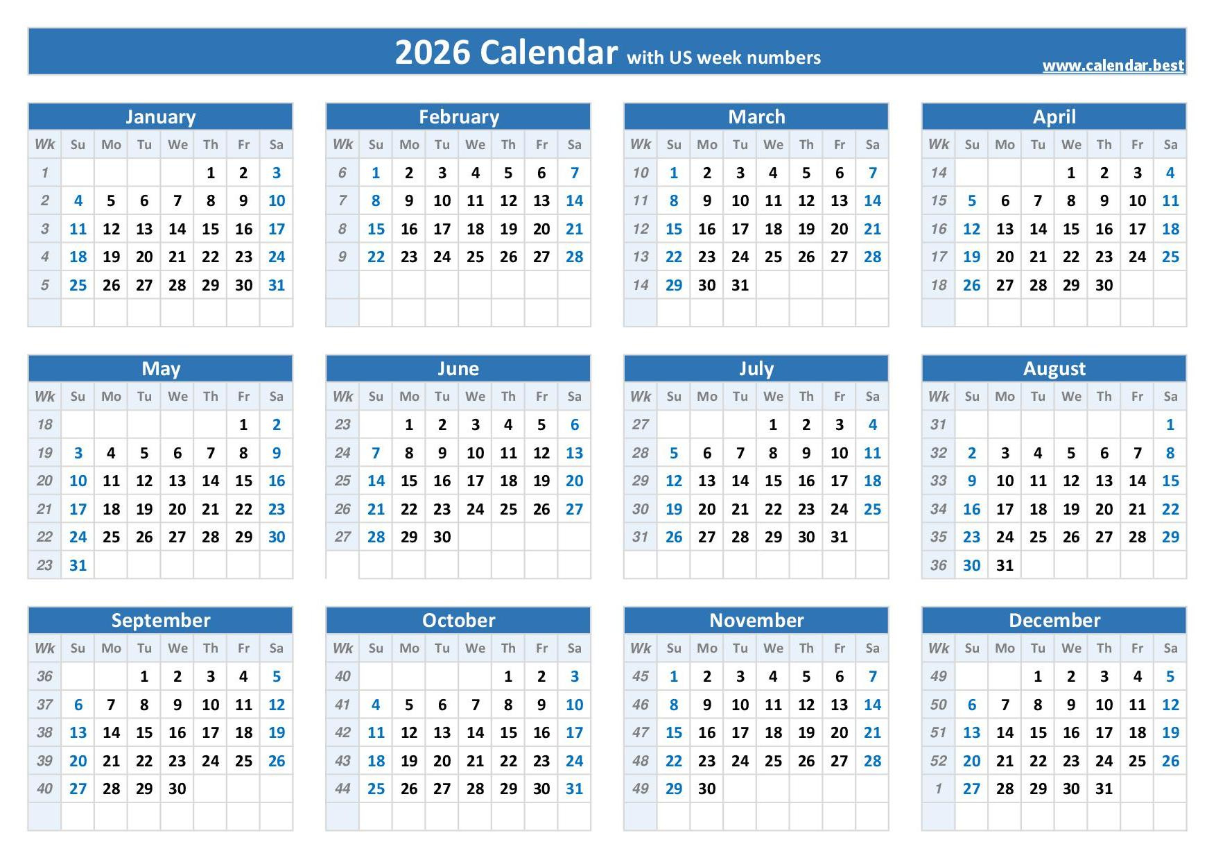 2026 Calendar With Week Numbers (Us And Iso Week Numbers) with regard to 2026 Calendar Printable with Week Numbers