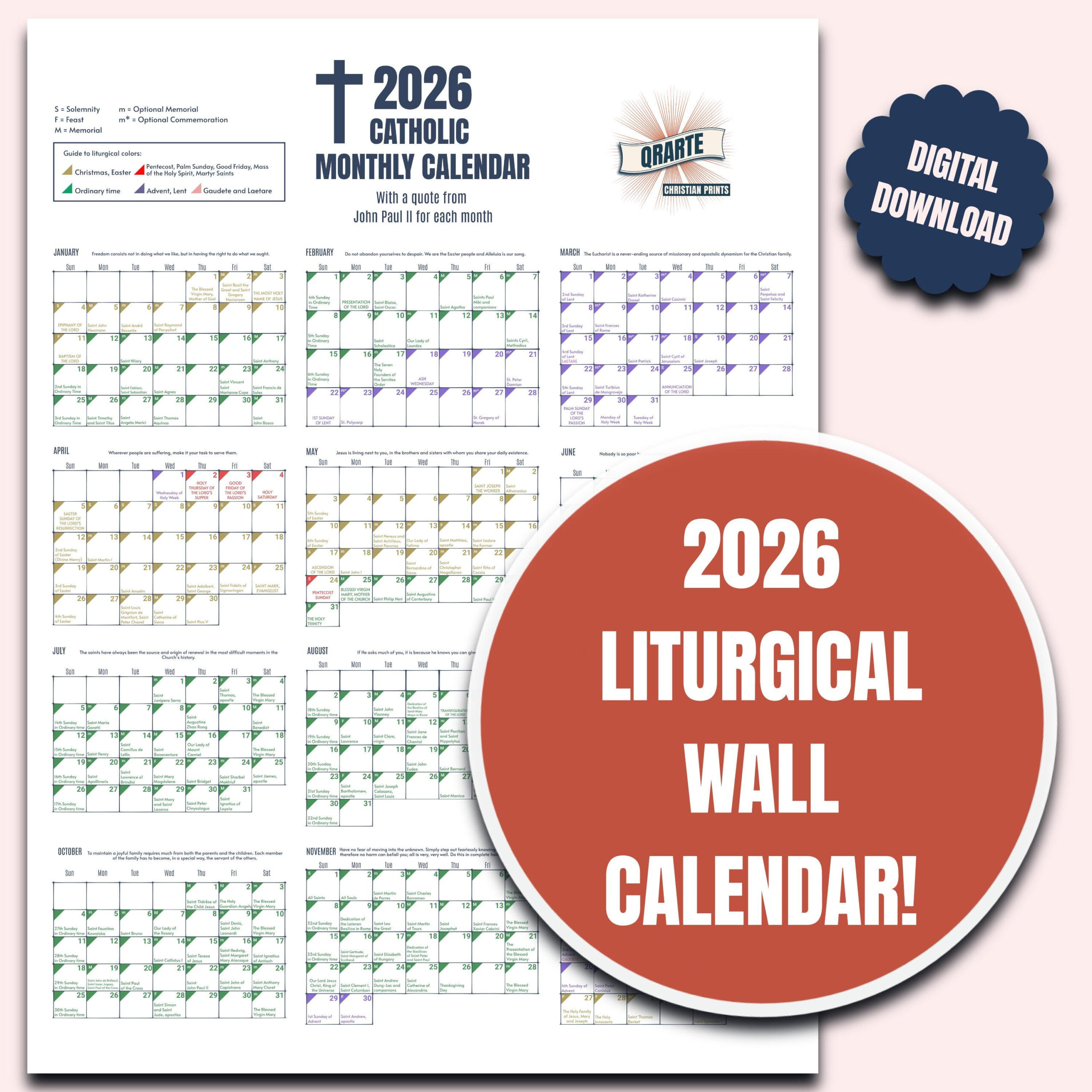 2026 Color-Coded Liturgical Calendar - Instant Download Catholic for Liturgical Wall Calendar 2026