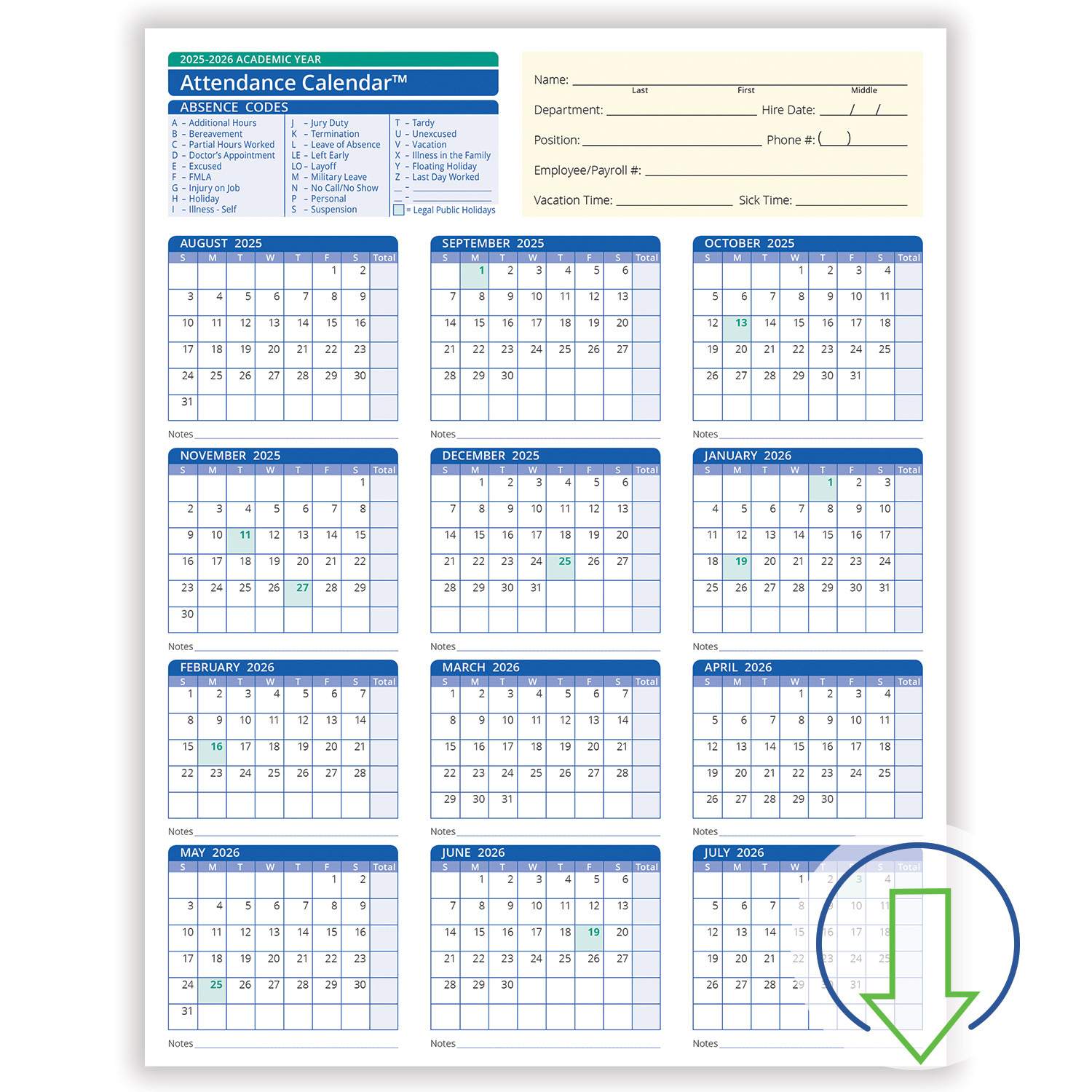 2026 Downloadable Academic Year Employee Attendance Calendar for 2026 Employee Attendance Calendar Free