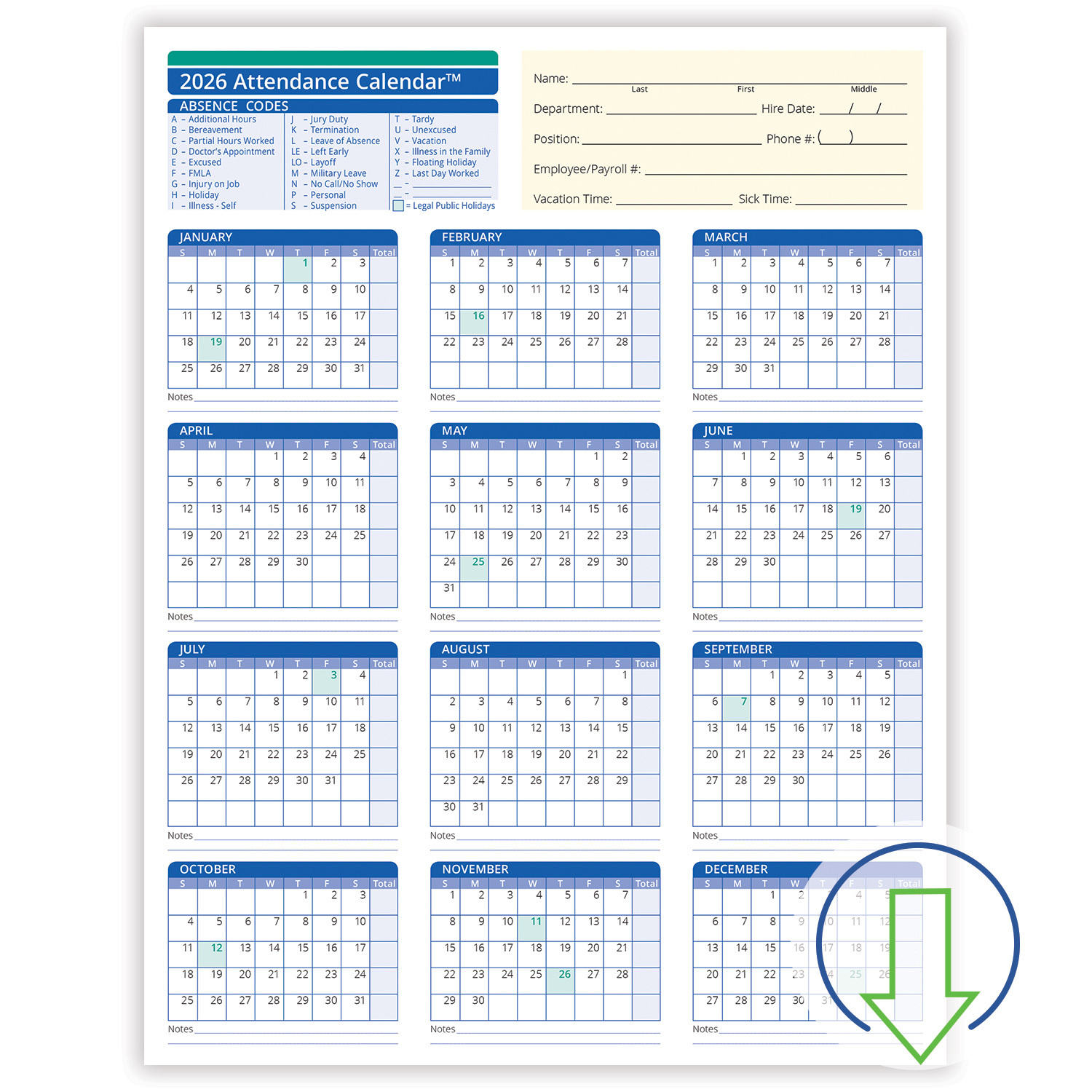 2026 Downloadable Employee Attendance Calendar | Hrdirect pertaining to Employee Attendance Record 2026