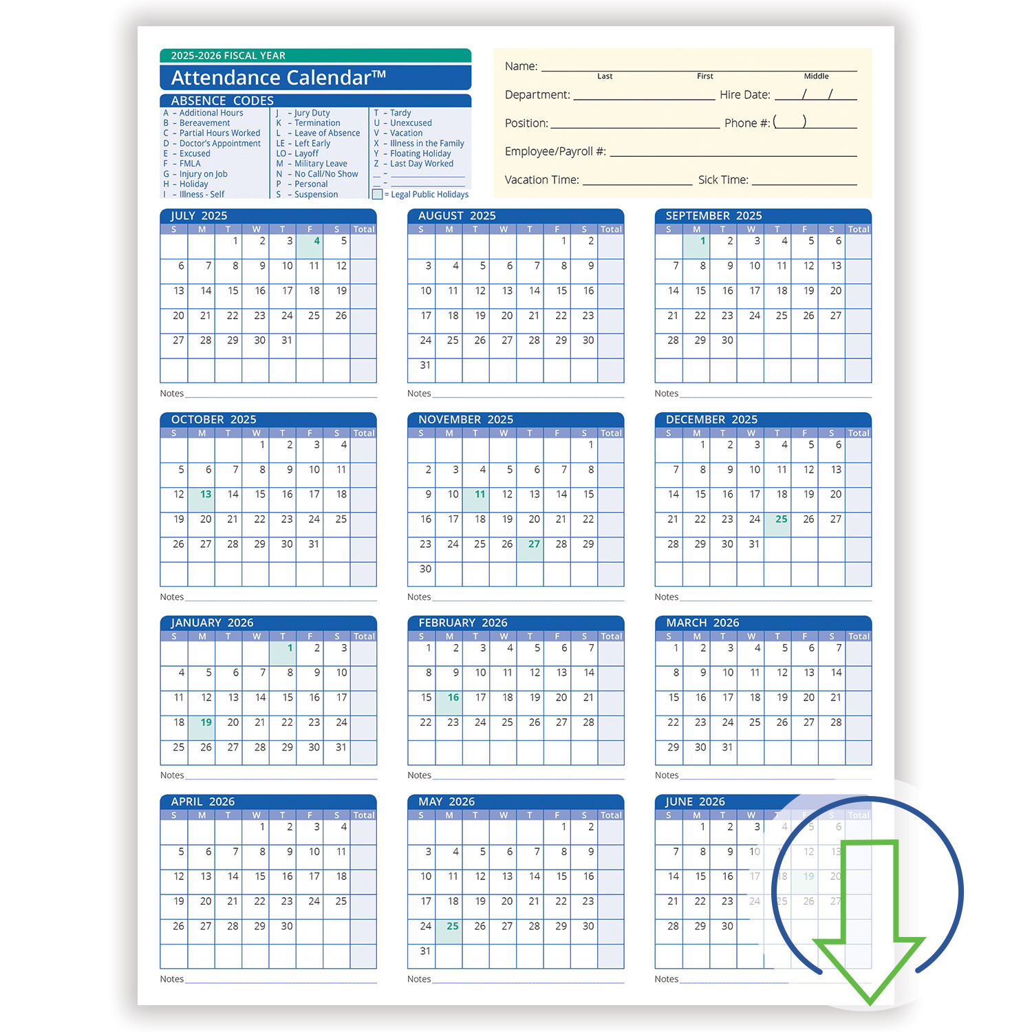 2026 Downloadable Fiscal Year Employee Attendance Calendar | Hrdirect throughout 2026 Employee Attendance Calendar Printable Free