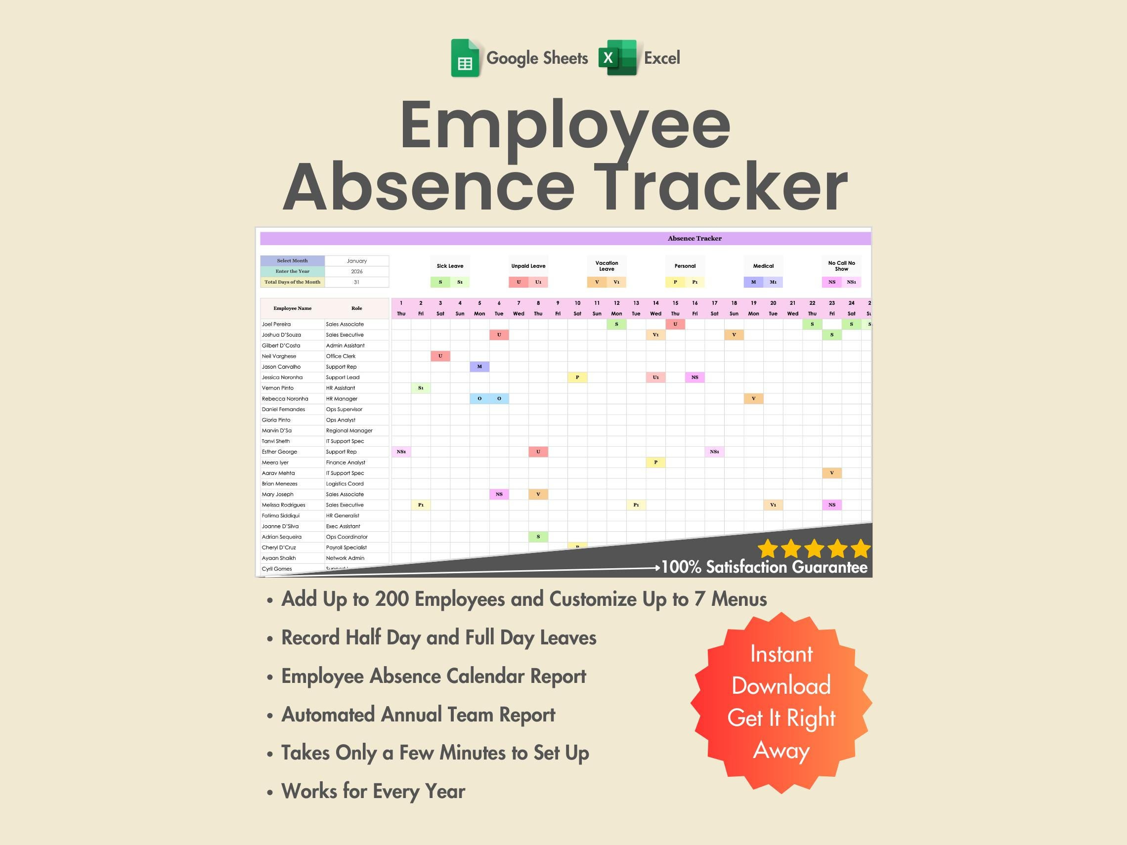 2026 Employee Absence Tracker, Excel, Google Sheets, Pto Planner inside Employee Attendance Summary 2026