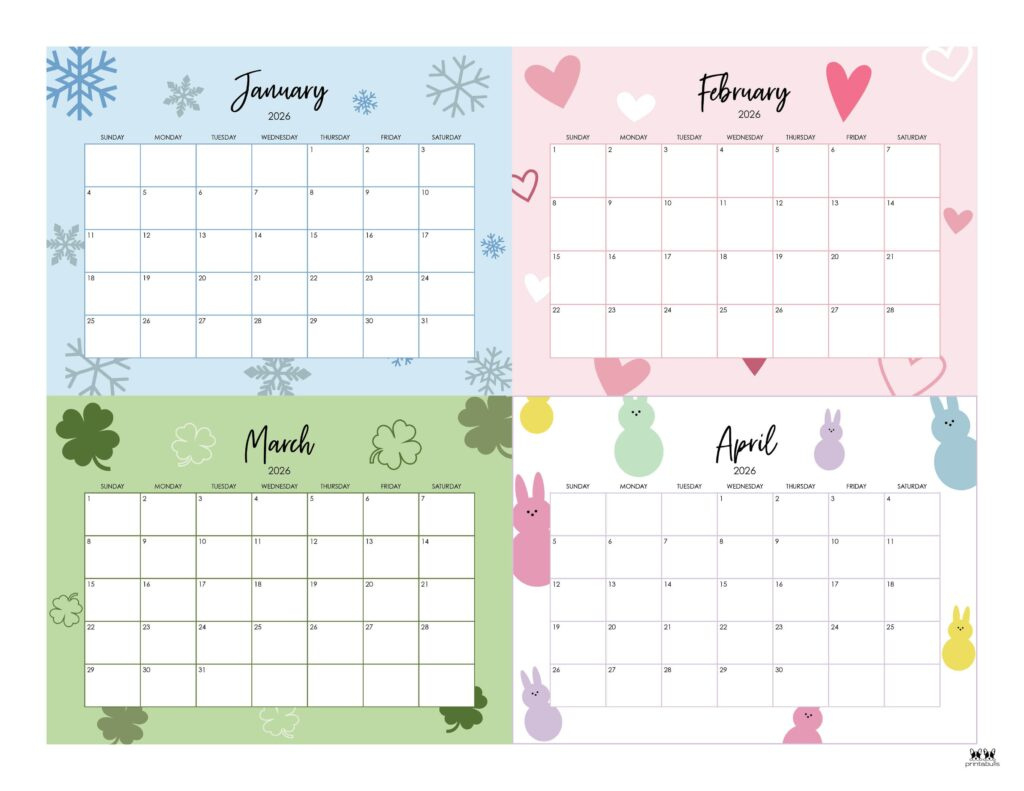 2026 Four Month Calendars - 31 Free Printables | Printabulls for January To April 2026 Calendar Printable
