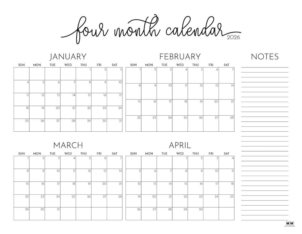 2026 Four Month Calendars - 31 Free Printables | Printabulls regarding Free Printable 4 Month Calendar 2026