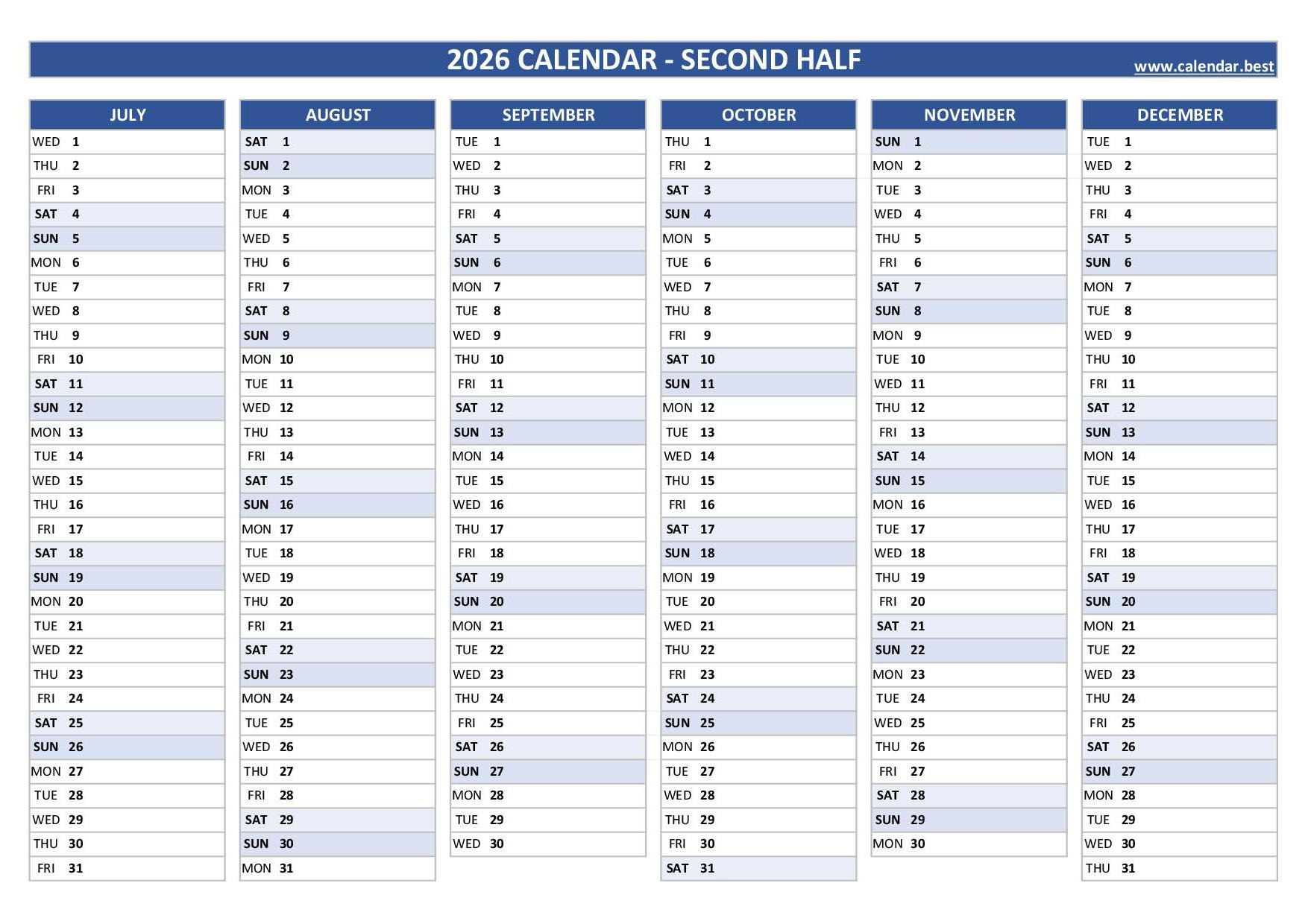 2026 Half Year Calendar To Print in 6 Month Calendar 2026 Printable Free