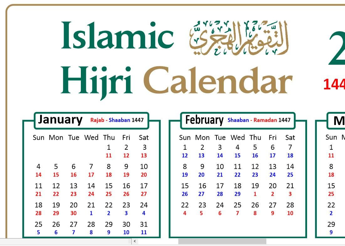 2026 Islamischer Kalender Mit Farbunterlegten 1447 Und 1448 Ah with Islamic Calendar 2026 Ummul Qura
