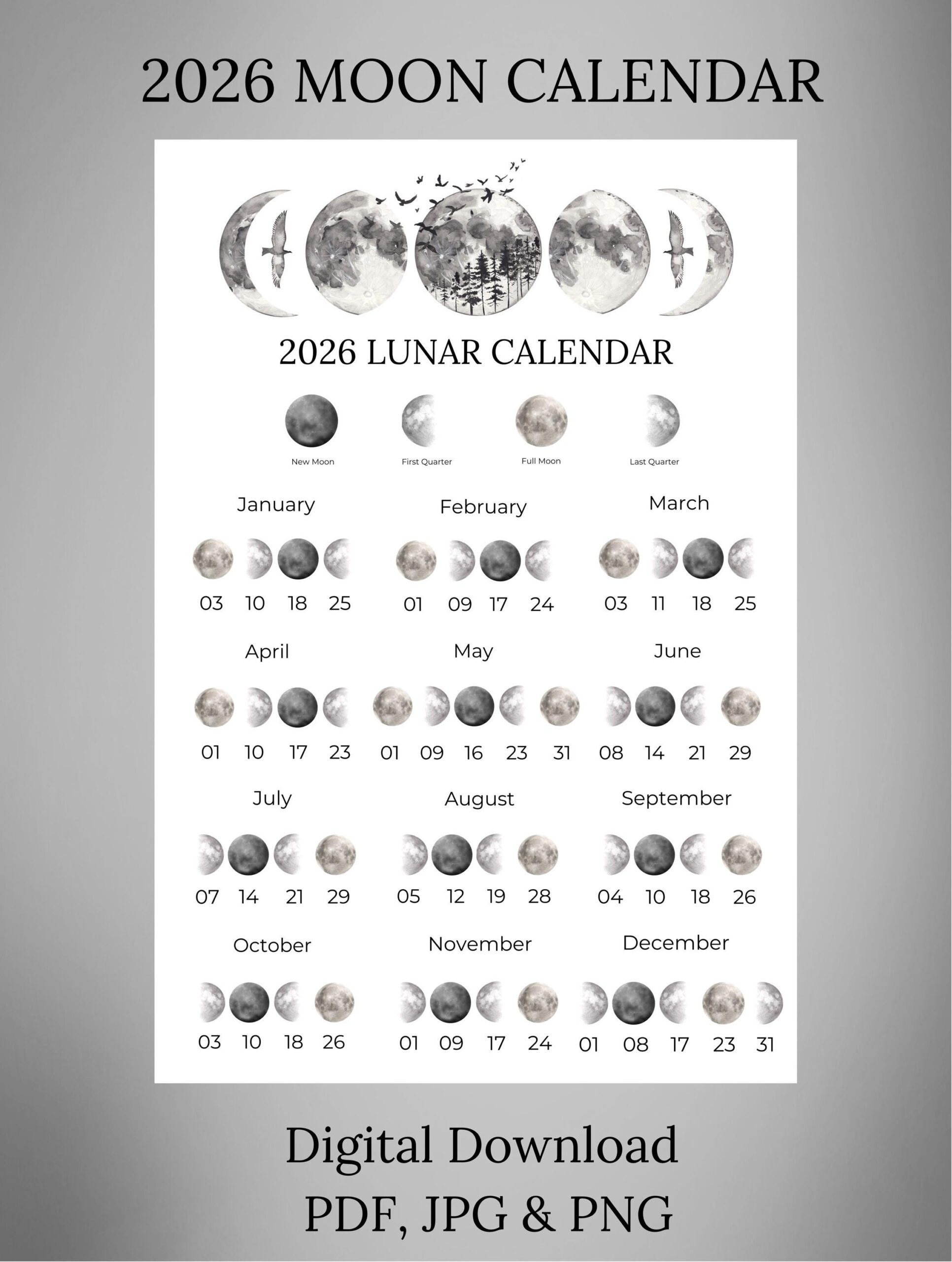 2026 Lunar Calendar - Witches, Rituals, Wicca - Pdf &amp;amp; Png Digital with regard to Full Moon Calendar 2026 Canada