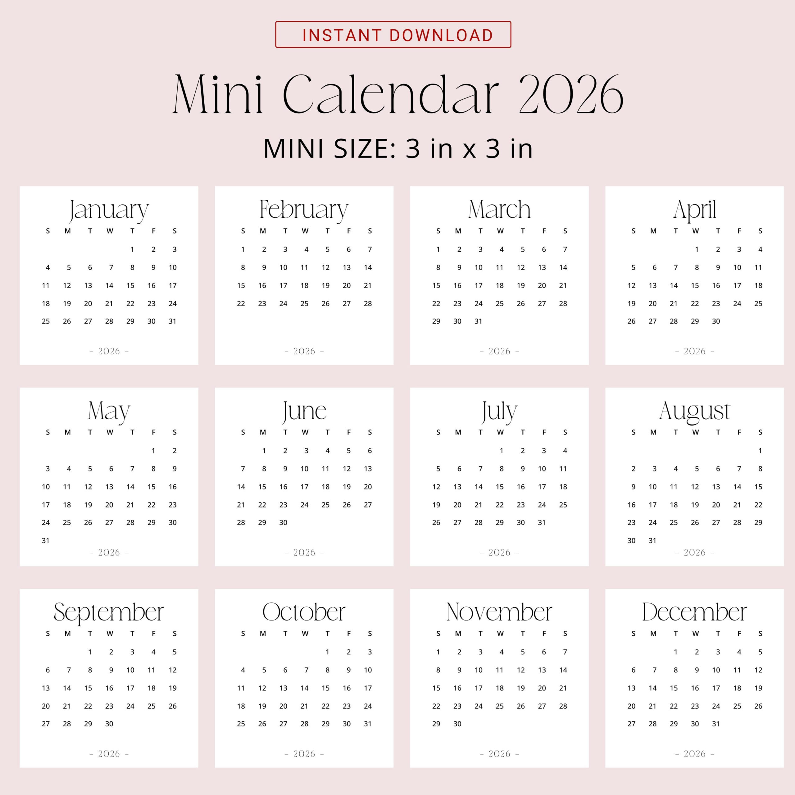 2026 Mini Calendar 3X3 2026 Calendar Small Printable Pdf 2026 regarding 2026 Calendar Printable Small