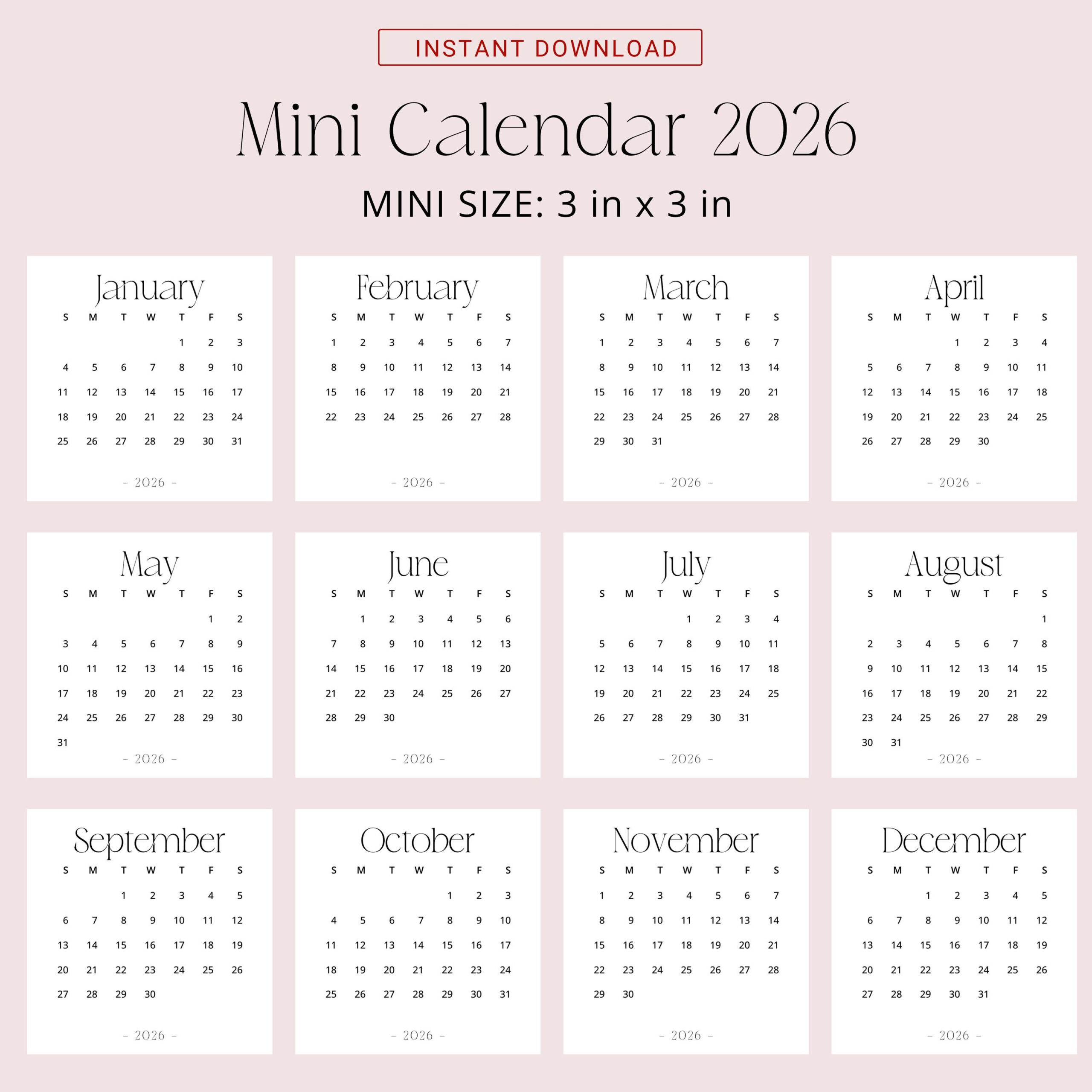 2026 Mini Calendar 3X3 2026 Calendar Small Printable Pdf 2026 within Mini Calendar 2026 Printable