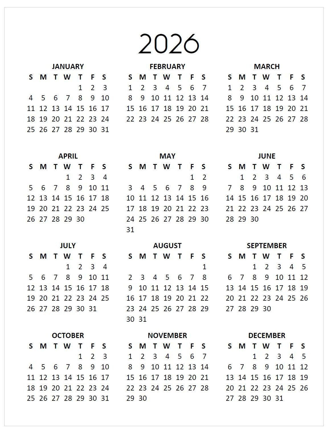 2026 Minimalist Calendar: Year At-A-Glance Printable (Instant in Calendar 2026 Printable Ireland