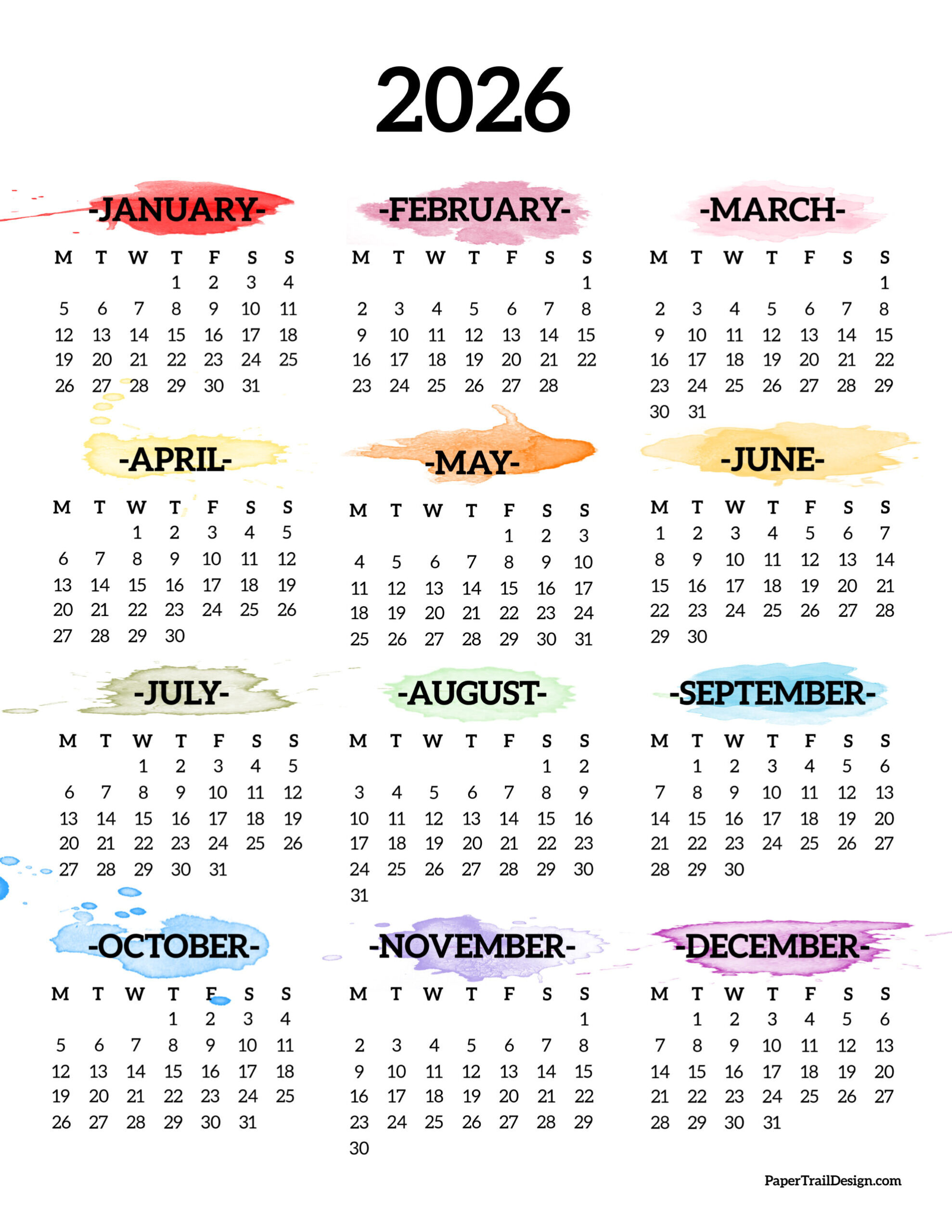 2026 Monday Start Calendar One Page - Paper Trail Design intended for 2026 Calendar Printable Monday to Sunday