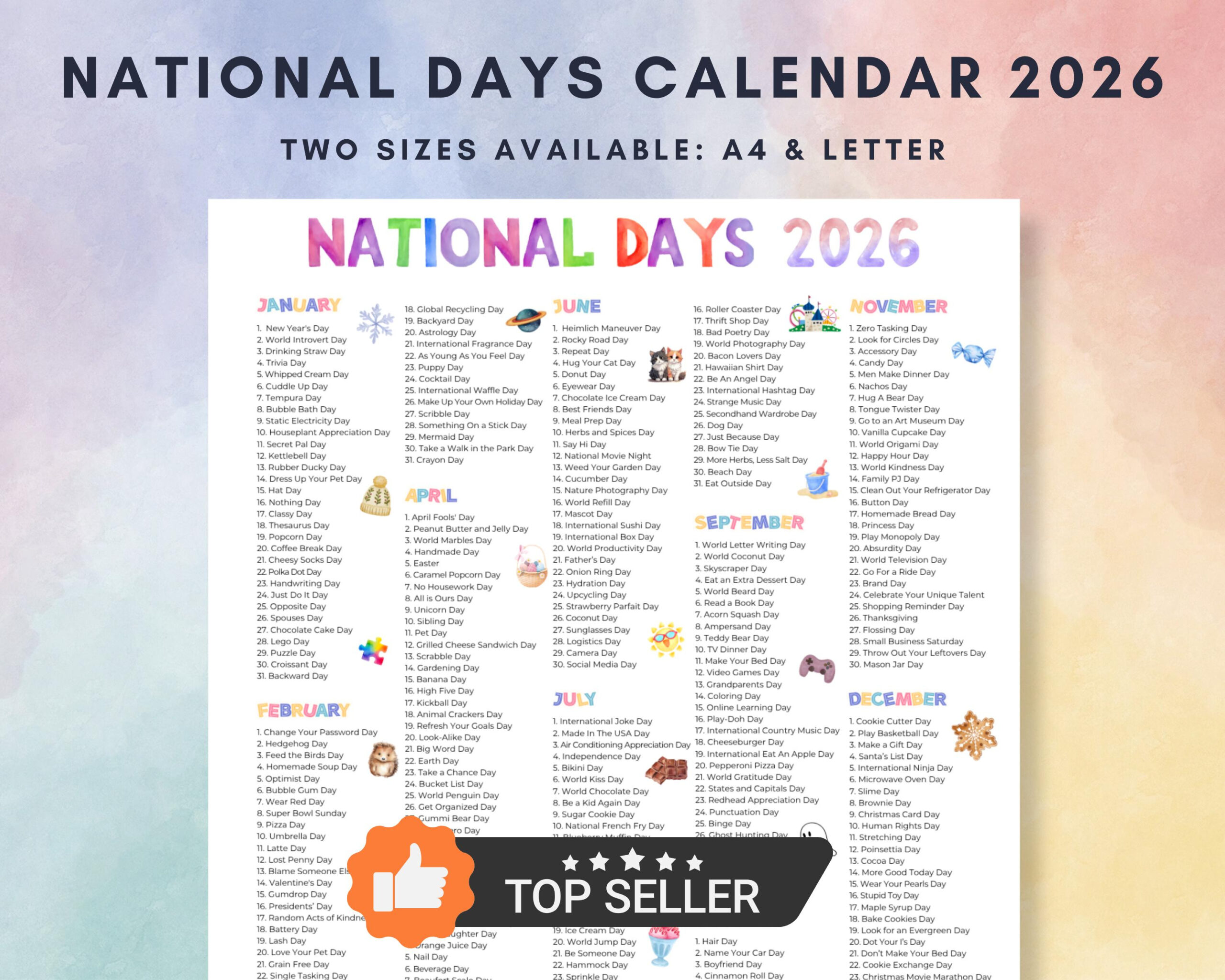 2026 National Days Calendar Printable (A4 &amp;amp; Letter Pdf) - Etsy Israel throughout National Day Calendar 2026 Printable Free