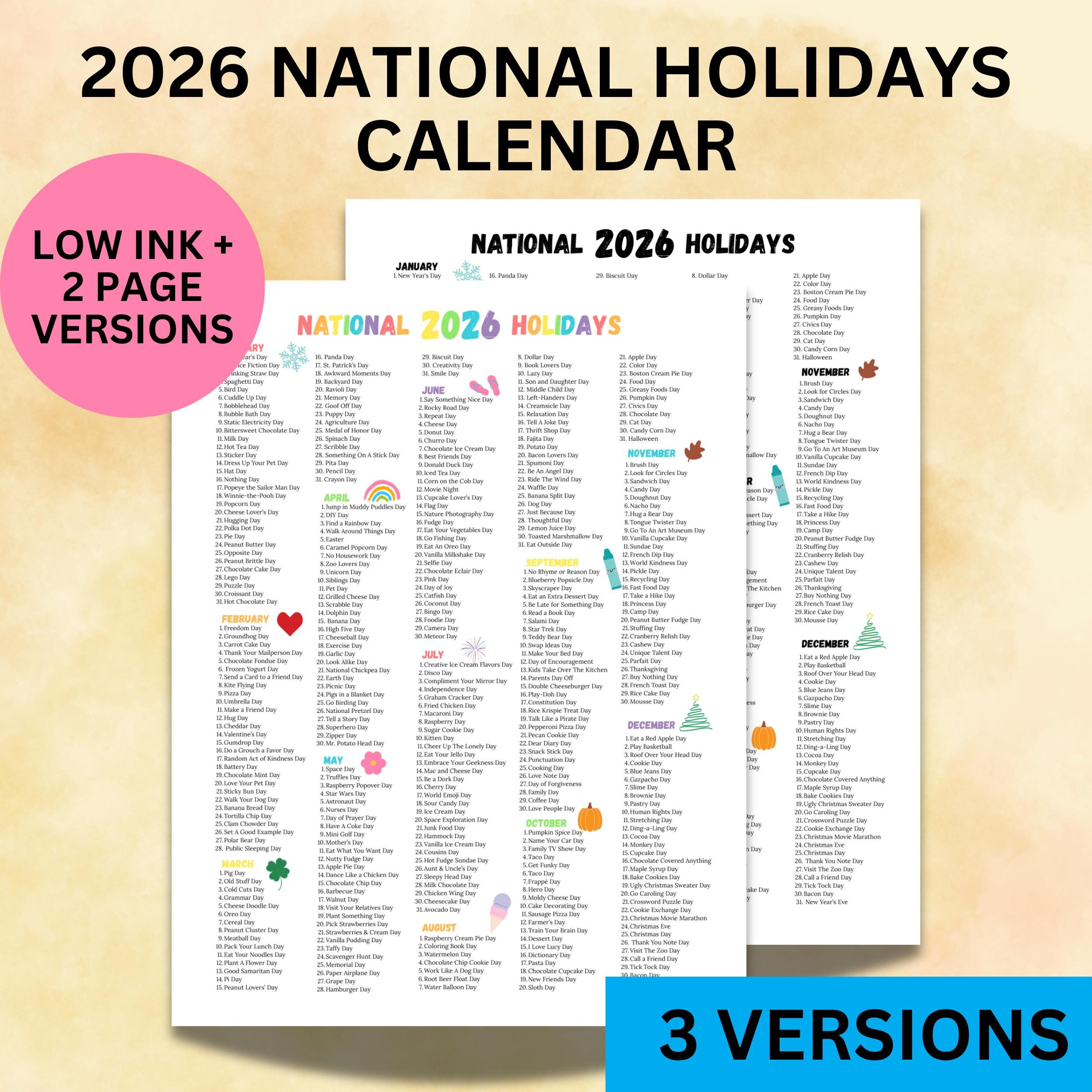 2026 National Holidays Calendar Printable, Funny Holiday List, Wacky  Holidays To Celebrate, National Days 2026 Homeschool Print, Teacher Day pertaining to National Day Calendar 2026