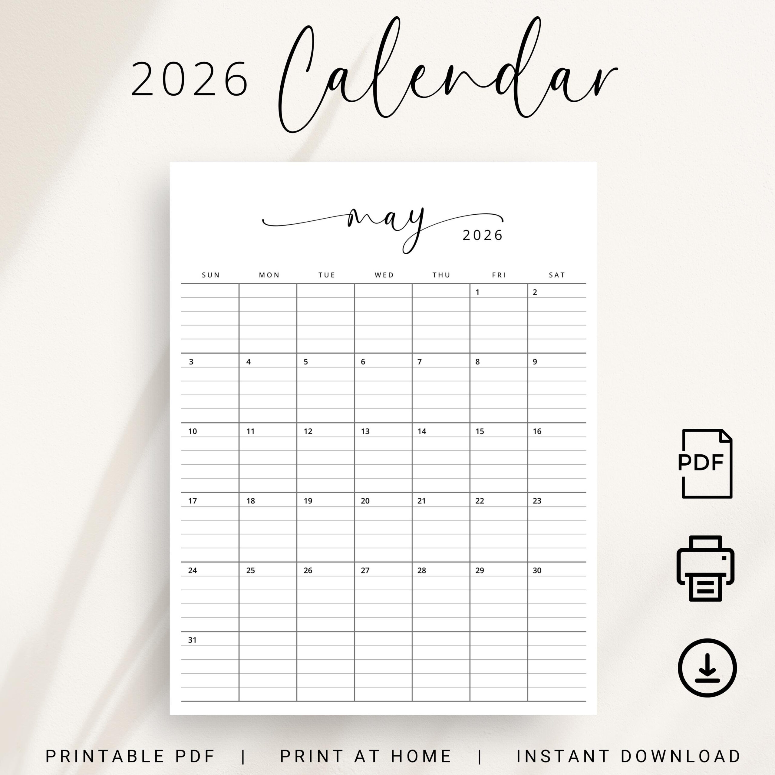 2026 Planner With Lines 2026 Monthly Calendar 2026 Lined Block for 2026 Calendar Printable With Lines
