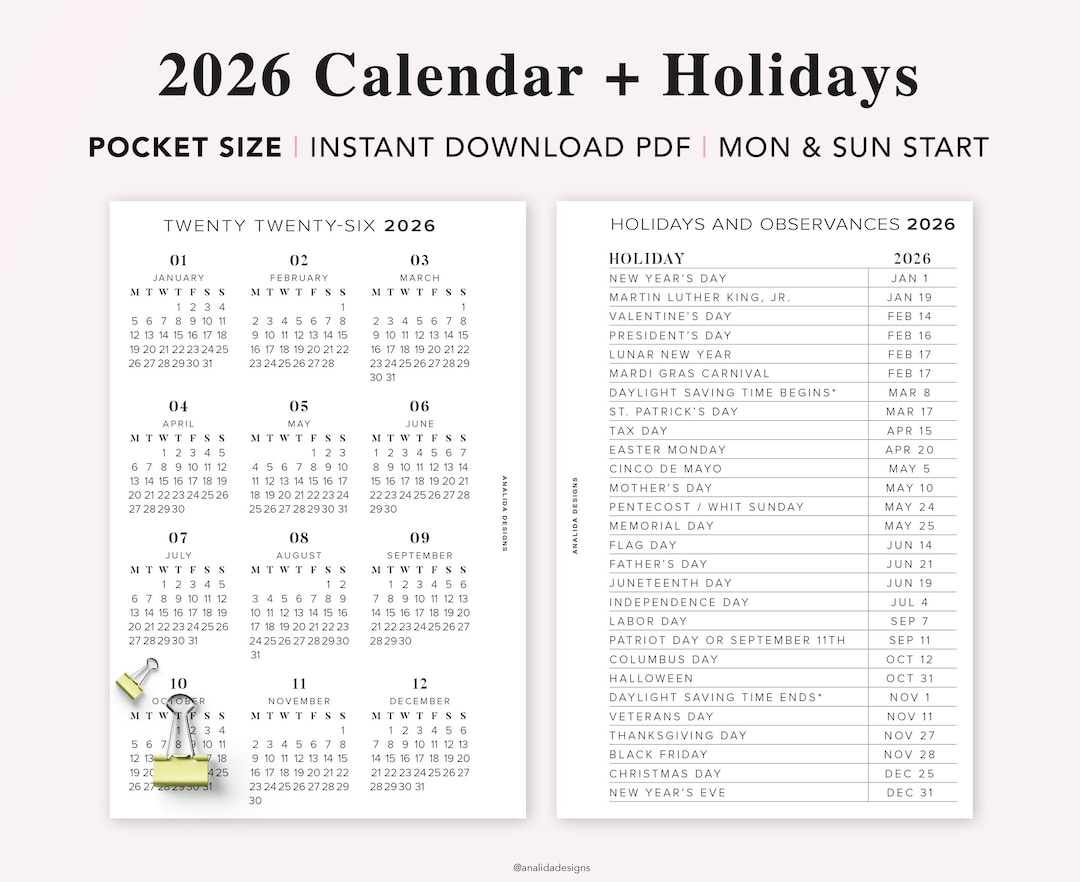 2026 Pocket Calendar With Holidays: Year At A Glance (Pdf within Pocket Calendar 2026 Printable