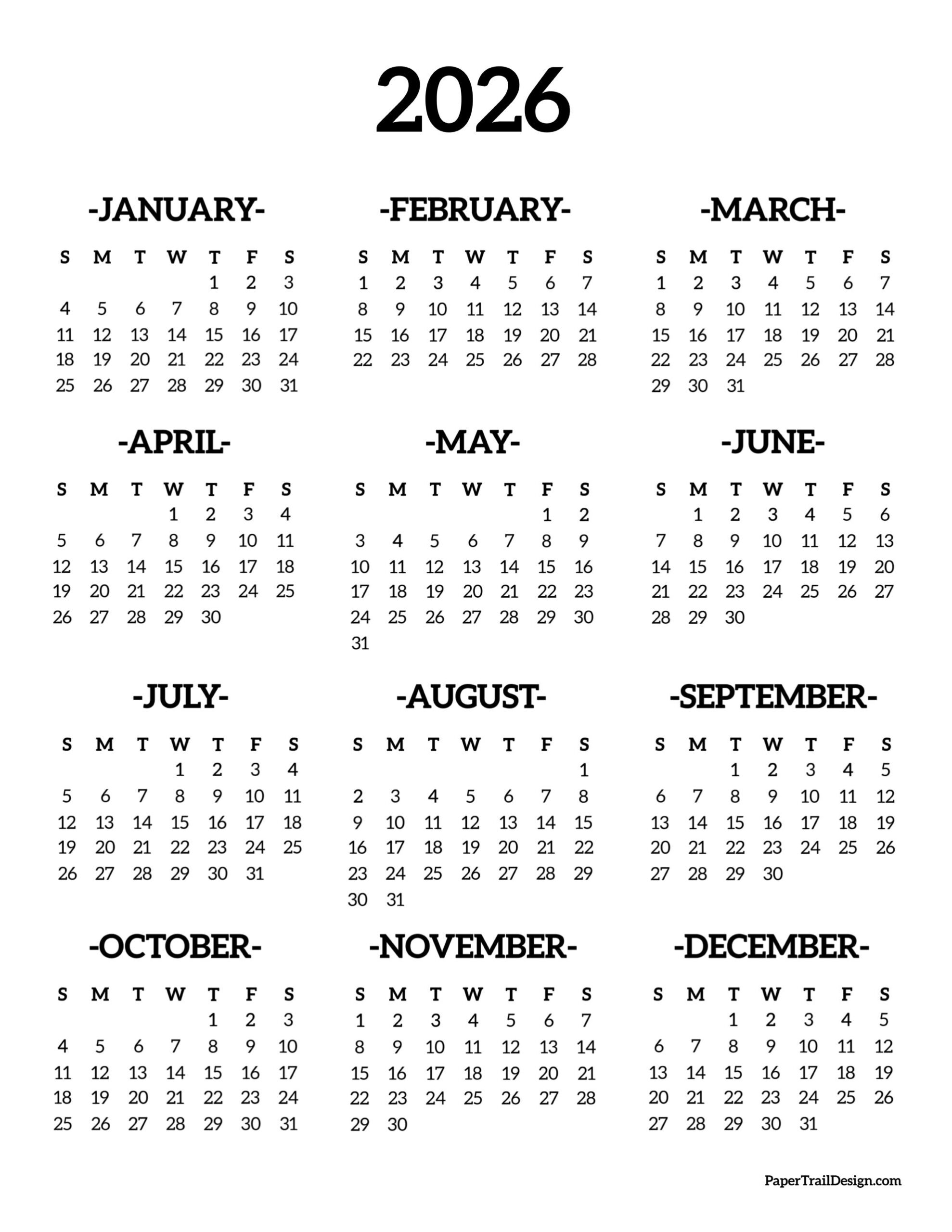 2026 Printable Calendar One Page - Paper Trail Design intended for Yearly Calendar 2026 Printable One Page
