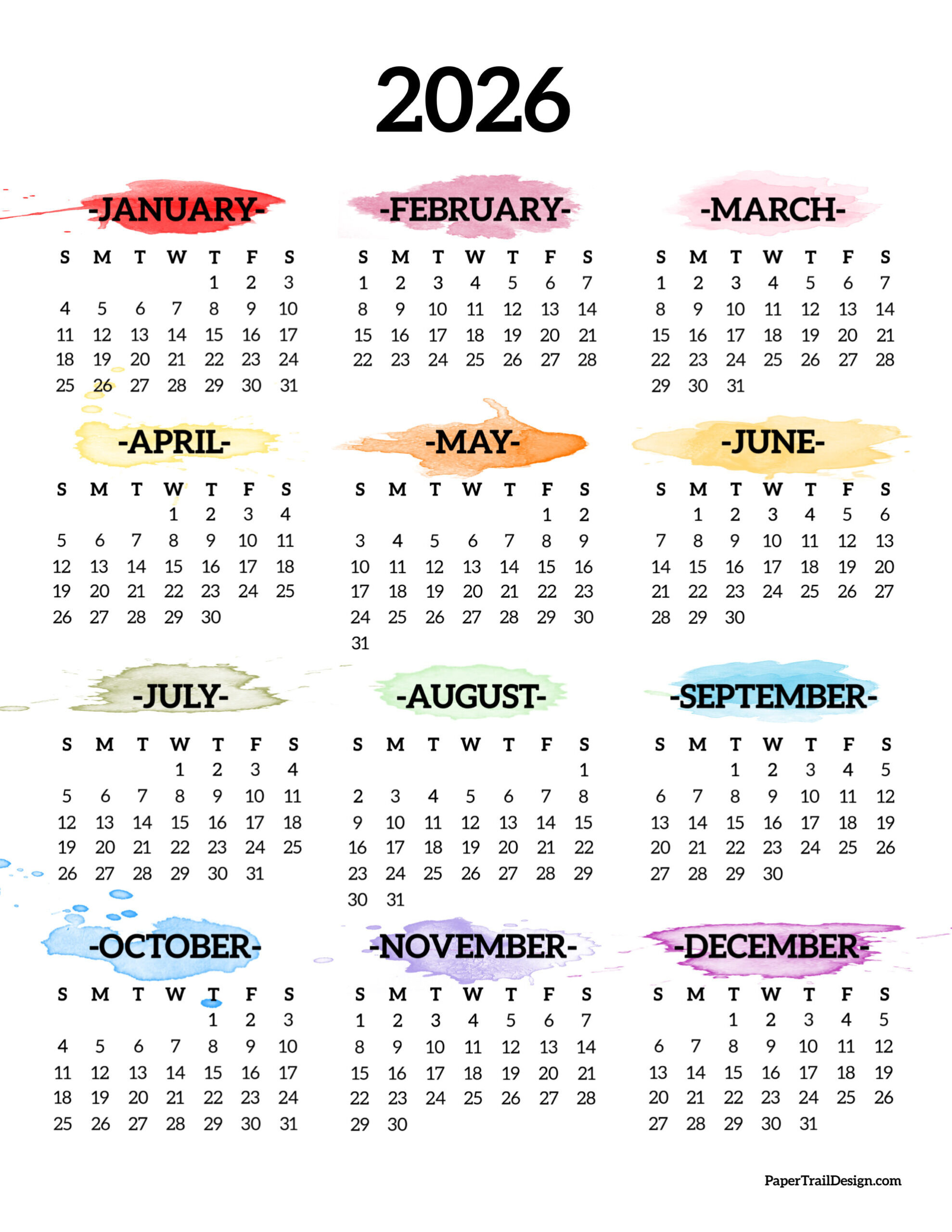 2026 Printable Calendar One Page - Paper Trail Design pertaining to 2026 Calendar Printable Year