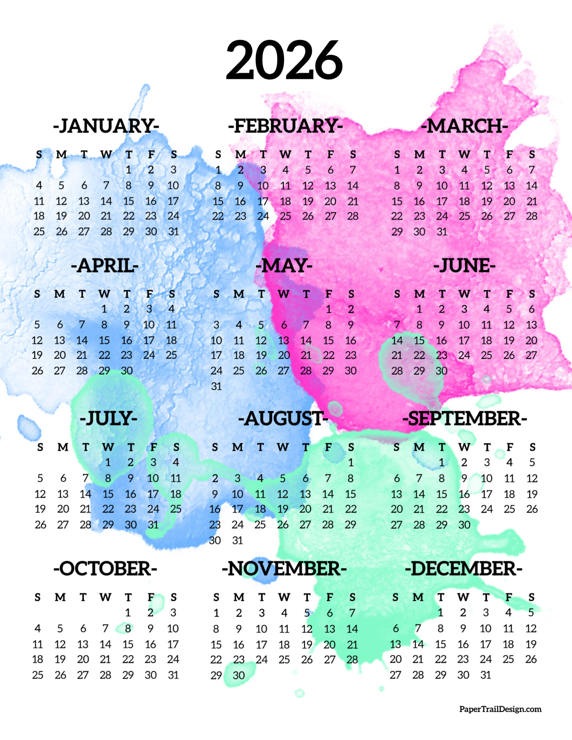 2026 Printable Calendar One Page - Paper Trail Design regarding 2026 Calendar Printable Colorful