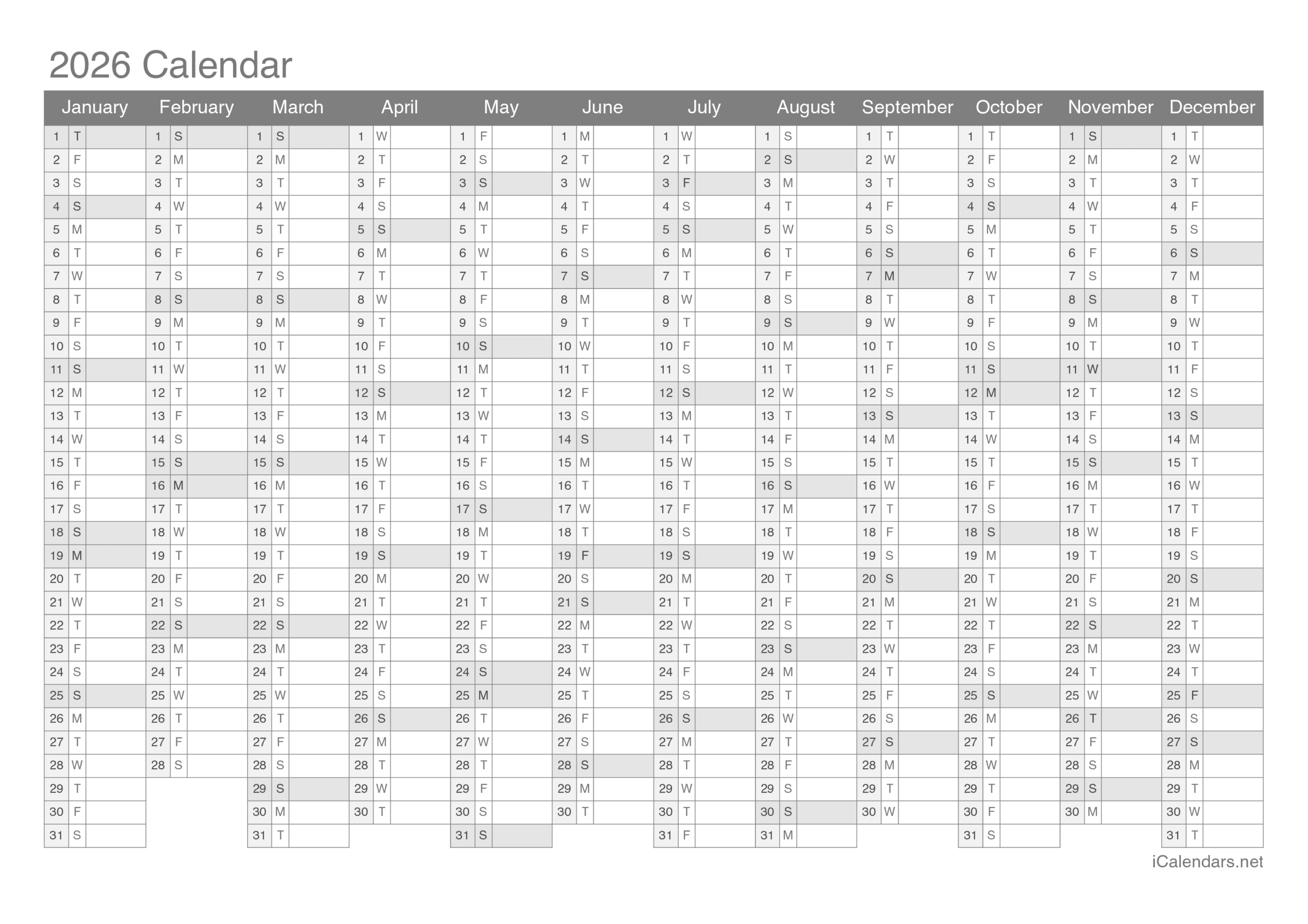 2026 Printable Calendar - Pdf Or Excel within Year To View Calendar 2026 Printable