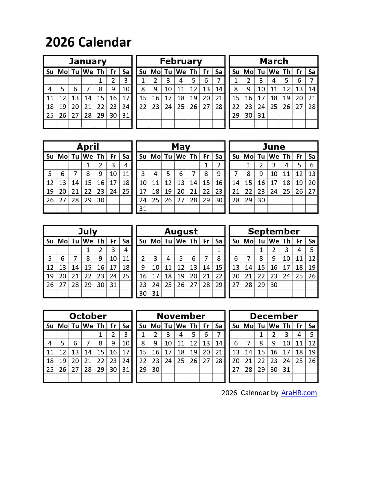 2026 Printable Calendar Template - Excel - Pdf - Image with Free Printable 2026 Employee Attendance Calendar Usa
