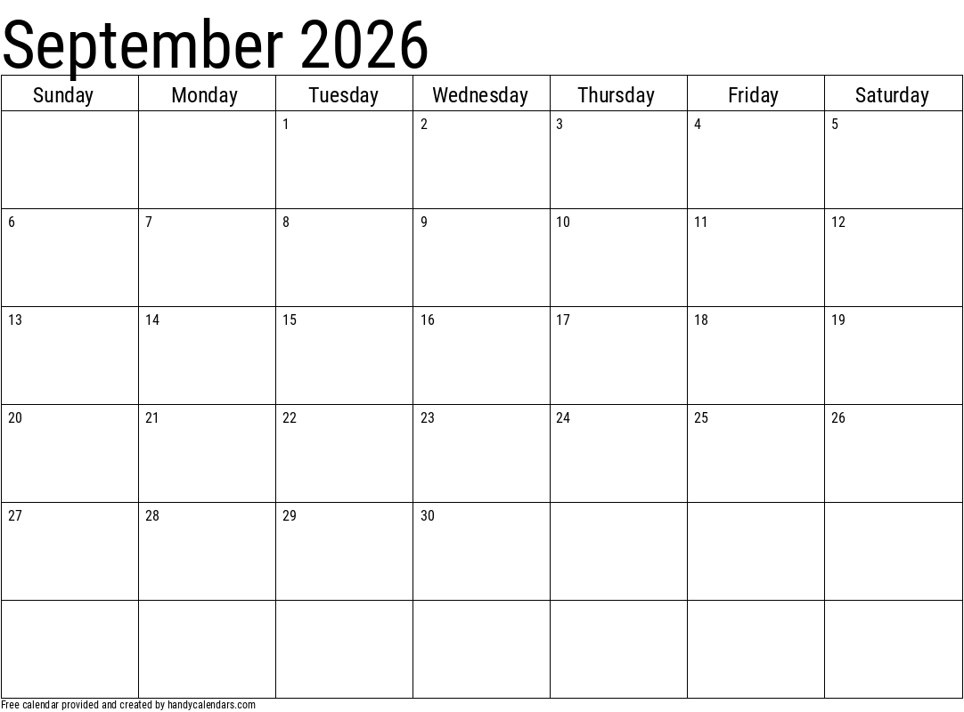 2026 September Calendars - Handy Calendars regarding September 2026 Calendar Printable