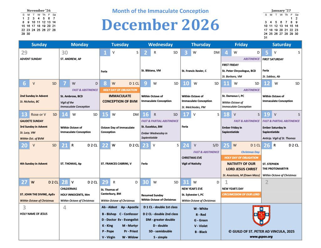 2026 Traditional Catholic Calendar - Guild Of St. Peter Ad Vincula pertaining to Roman Catholic Liturgical Calendar 2026