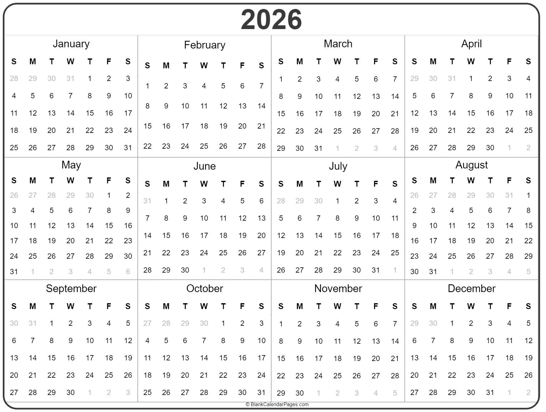 2026 Year Calendar | Yearly Printable inside Year Calendar 2026 Printable