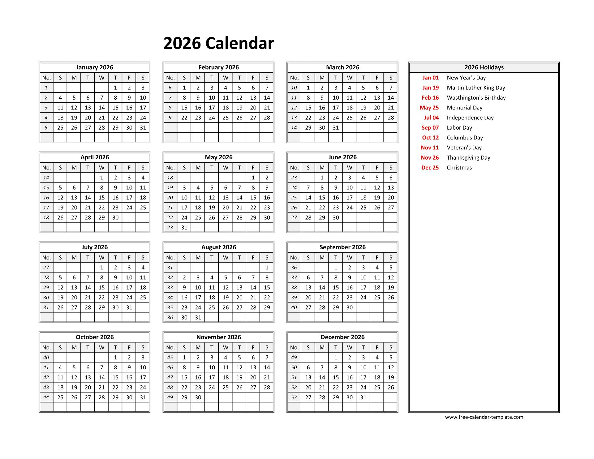 2026 Yearly Calendar Printable With Week Numbers | Free-Calendar regarding Free 2026 Employee Attendance Calendar