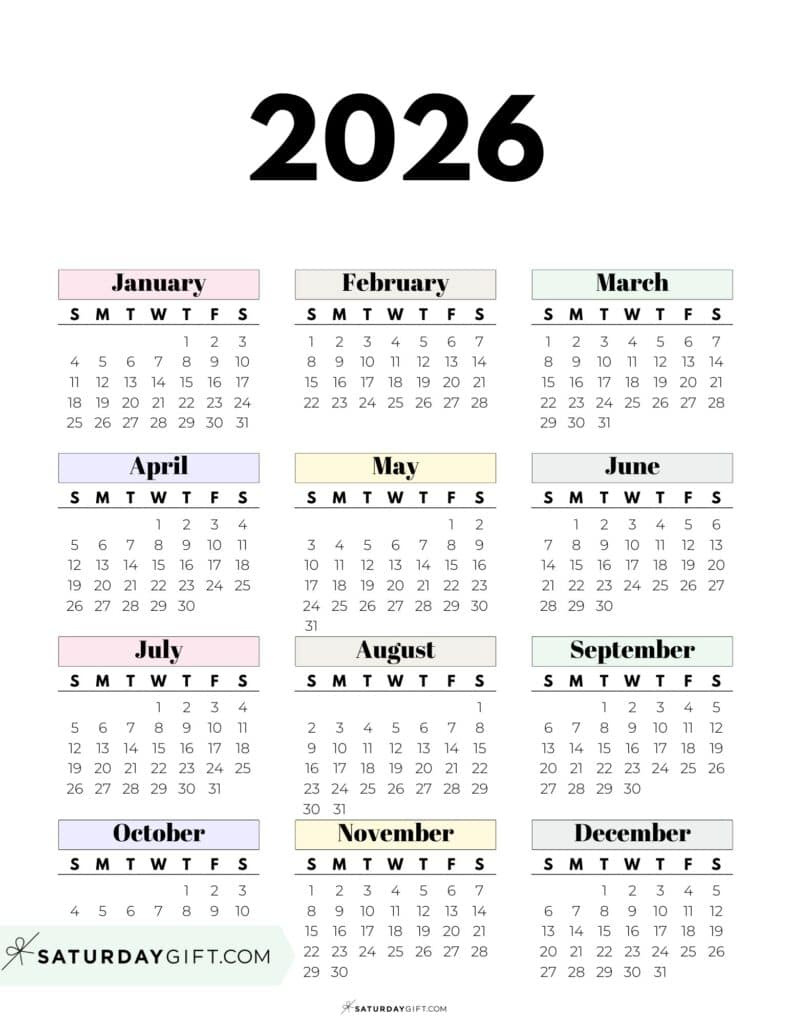 2026 Yearly Calendars - 35 Free Printables for 2026 Calendar Printable with Holidays Cute